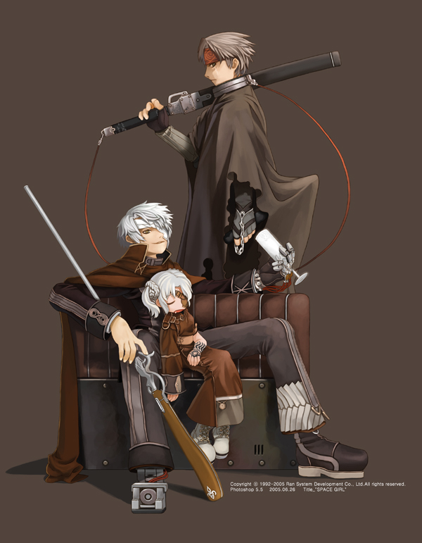 ran system, ran system(artist), 1girl, 2boys, groups, gun, multiple boys, sleeping, sword, weapon