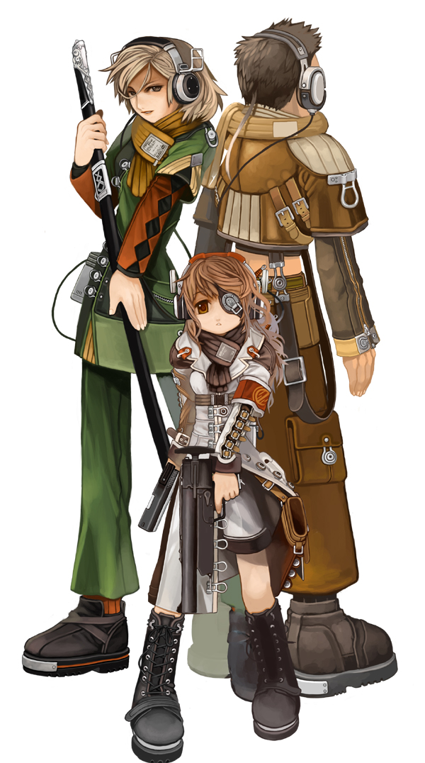 ran system, ran system(artist), 1girl, 2boys, blonde hair, brown hair, child, eyepatch, groups, gun, headphones, multiple boys, sword, warrior, weapon