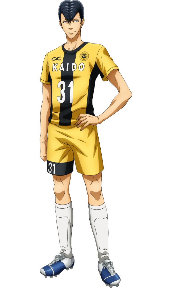 togashi keiji, ao ashi, official art, 1boy, anime coloring, belt, black hair, blue shoes, closed mouth, full body, grey eyes, looking at viewer, male focus, nakatake manabu, numbered, pompadour, shin guards, shirt, shoes, short hair, shorts, simple background, smile, soccer uniform, solo, spiked shoes, spikes, sportswear, standing, striped clothes, striped shirt, transparent background, two-tone shirt, vertical-striped clothes, vertical-striped shirt, yellow shirt, yellow shorts