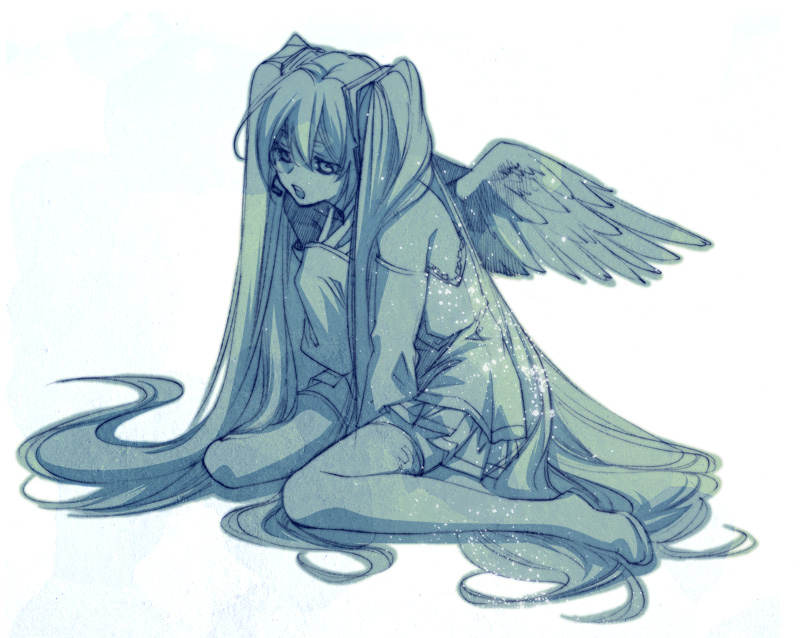 masuda megumi, hatsune miku, vocaloid, 1girl, female focus, long hair, monochrome, simple background, solo, very long hair, wings