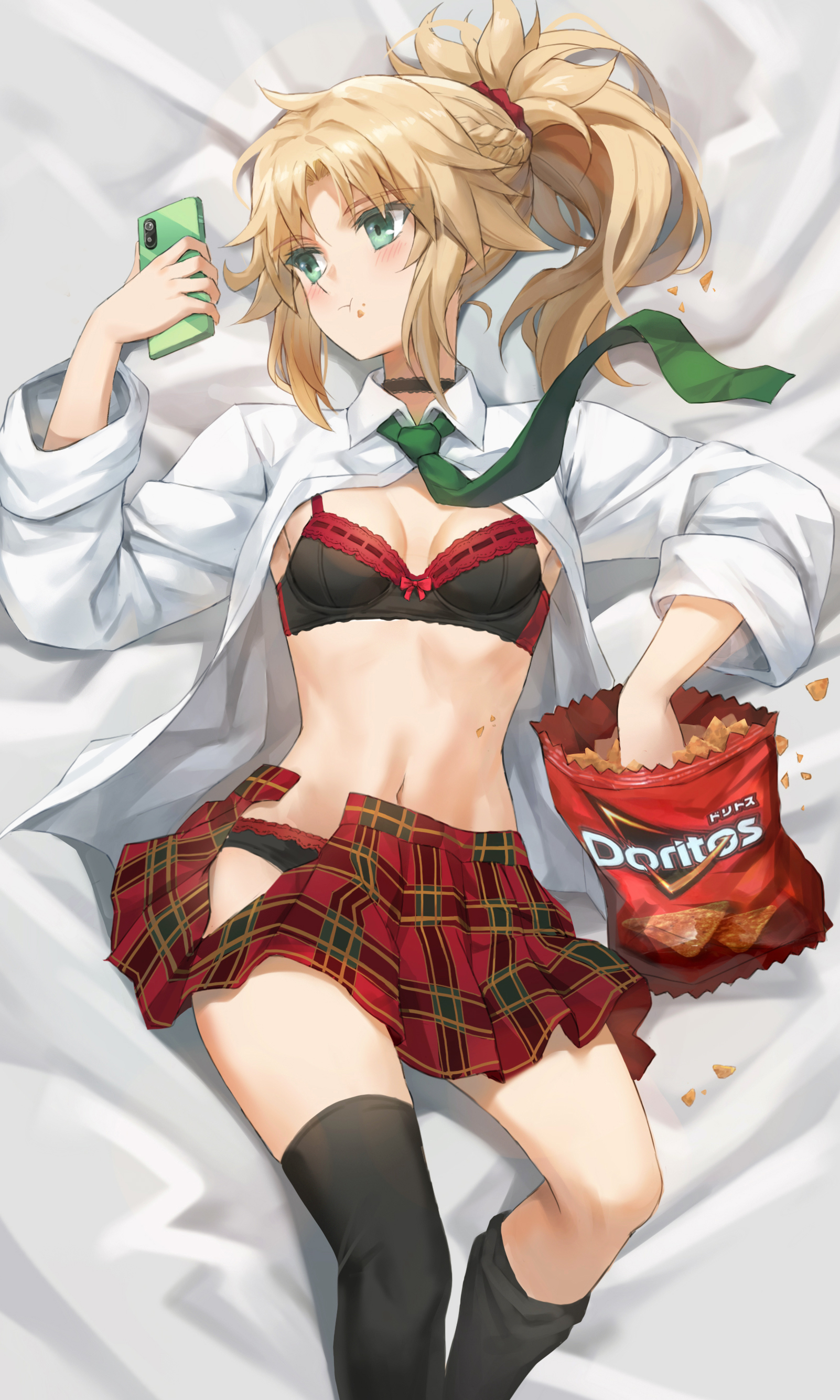 tonee, mordred (fate), doritos, fate/apocrypha, fate (series), absurdres, commentary request, highres, 1girl, bag of chips, blonde hair, blush, braid, breasts, green eyes, hair ornament, hair scrunchie, half up braid, long hair, long sleeves, navel, parted bangs, ponytail, red scrunchie, scrunchie, sidelocks, skirt, small breasts, solo