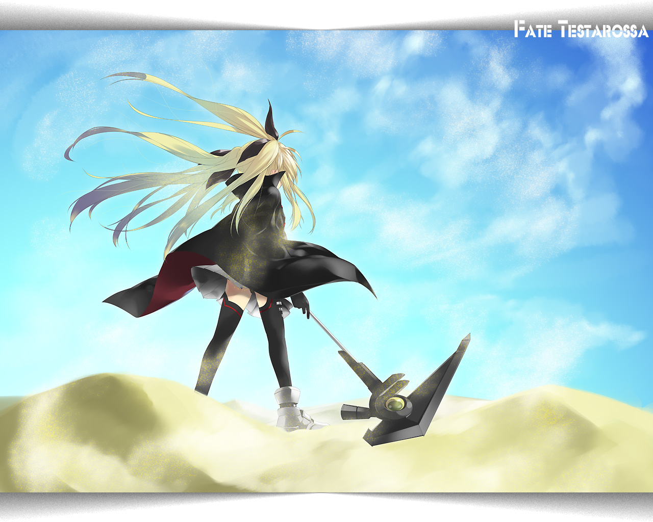 mizuki makoto, bardiche (assault form) (nanoha), bardiche (nanoha), fate testarossa, fate testarossa (lightning form), lyrical nanoha, mahou shoujo lyrical nanoha, mahou shoujo lyrical nanoha a's, 00s, 1girl, blonde hair, cape, desert, female focus, long hair, msln, mslna, sand, solo, thighhighs, twintails