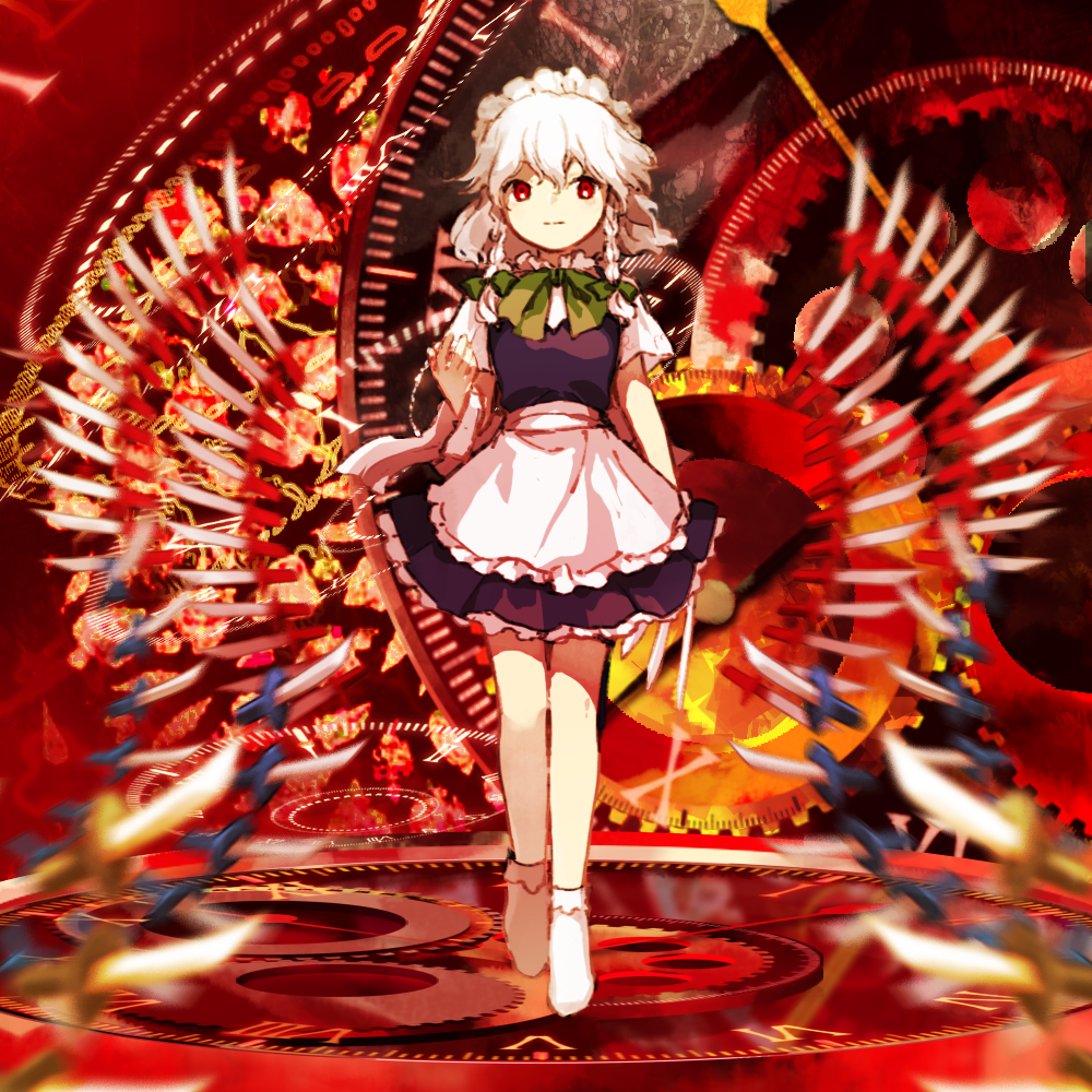 kaigen 1025, izayoi sakuya, embodiment of scarlet devil, touhou, 1girl, abstract background, apron, between fingers, bow, bowtie, braid, danmaku, dress, floating, floating object, floating weapon, frilled apron, frilled skirt, frilled socks, frills, full body, green bow, grey hair, hair bow, holding, holding knife, knife, knives between fingers, maid, maid apron, maid headdress, medium hair, multiple hair bows, red eyes, short hair, short sleeves, skirt, skirt set, socks, solo, spell card, straight-on, twin braids, waist apron, weapon formation, white hair, zun (style)