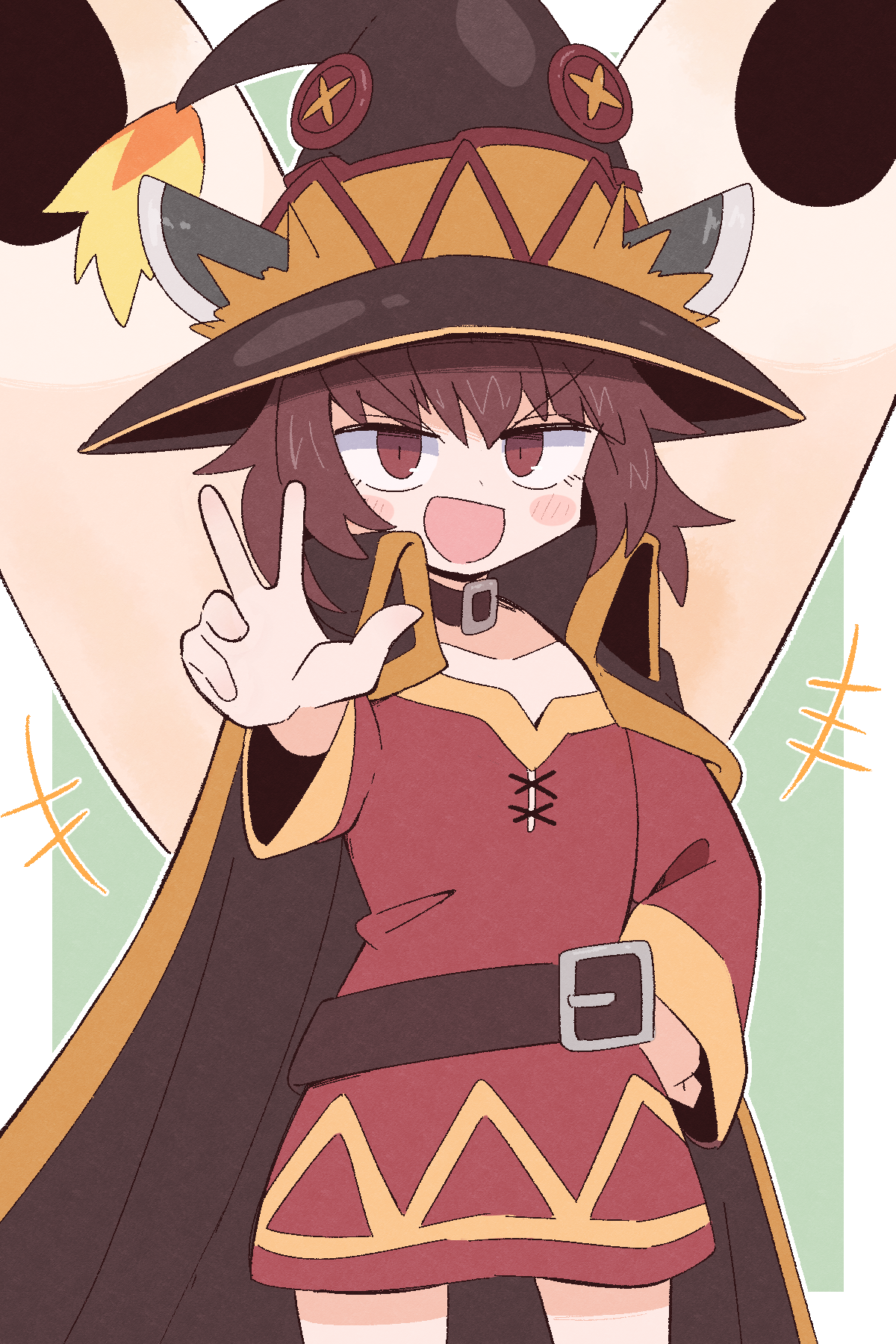 kurachi mizuki, megumin, touhoku kiritan, kono subarashii sekai ni shukufuku wo!, voiceroid, commentary request, highres, +++, 1girl, belt, border, brown belt, brown cape, brown choker, brown hair, brown hat, cape, choker, collarbone, cosplay, cowboy shot, green background, half-closed eyes, hand on own hip, hat, headgear, long sleeves, looking at viewer, megumin (cosplay), open mouth, red eyes, red tunic, short hair, simple background, smile, solo, torn clothes, torn hat, tunic, v-shaped eyebrows, w, white border, wide sleeves, witch hat, yellow trim