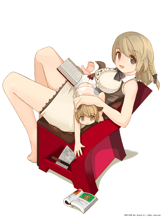 ran system, ran system(artist), animal ears, barefoot, book, braid, happy, tail