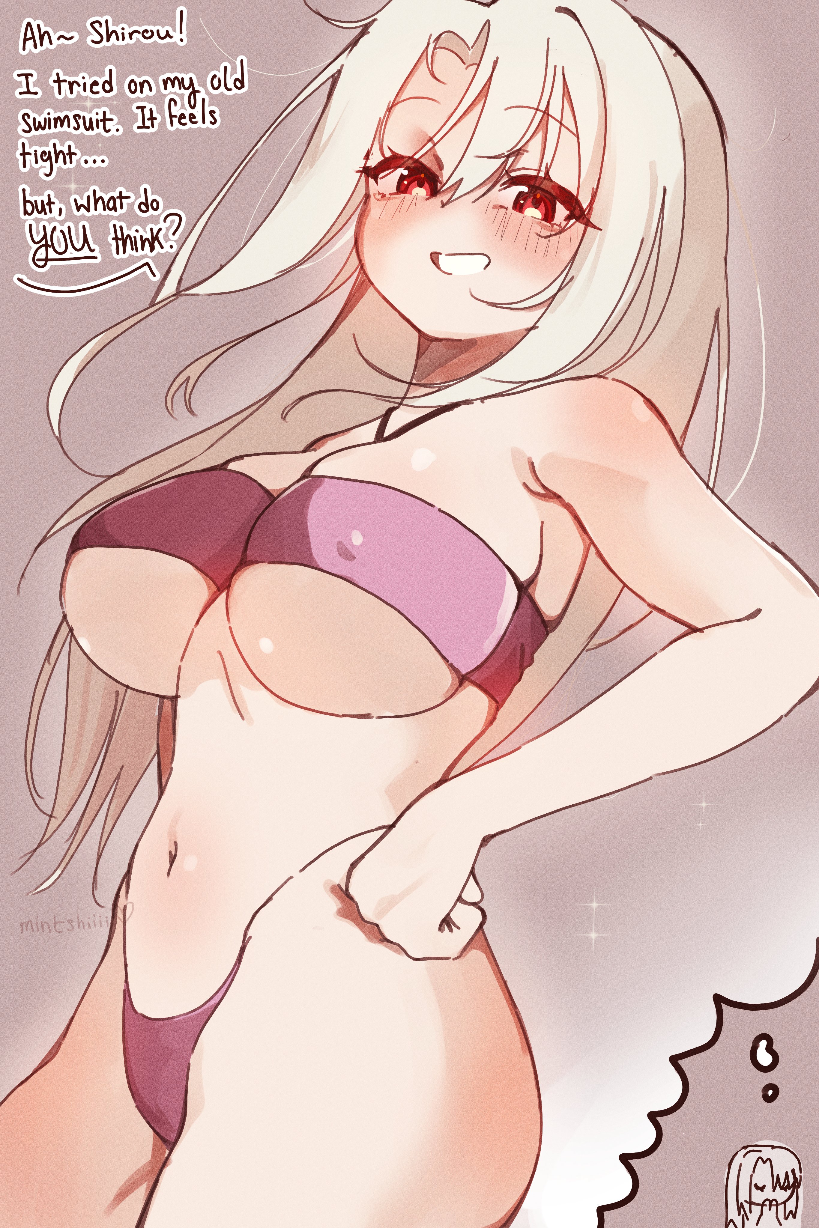 mintshiiii, illyasviel von einzbern, fate (series), absurdres, commentary, english commentary, highres, 1girl, aged up, alternate breast size (larger), bikini, blonde hair, breasts, curvy, english text, grin, hands on own hips, imagining, large breasts, looking at viewer, navel, purple bikini, red eyes, smile, solo, stomach, swimsuit, talking