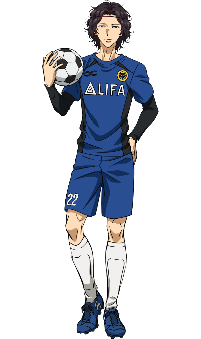 nakamura taira, ao ashi, official art, 1boy, anime coloring, ball, black eyes, black hair, black undershirt, blue shirt, blue shoes, blue shorts, closed mouth, curtained hair, english text, full body, hand on own hip, headband, holding, holding ball, long sleeves, looking at viewer, nakatake manabu, numbered, shin guards, shirt, shirt under shirt, shoes, short hair, shorts, simple background, smile, soccer ball, soccer uniform, solo, spiked shoes, spikes, sportswear, standing, transparent background, two-tone shirt