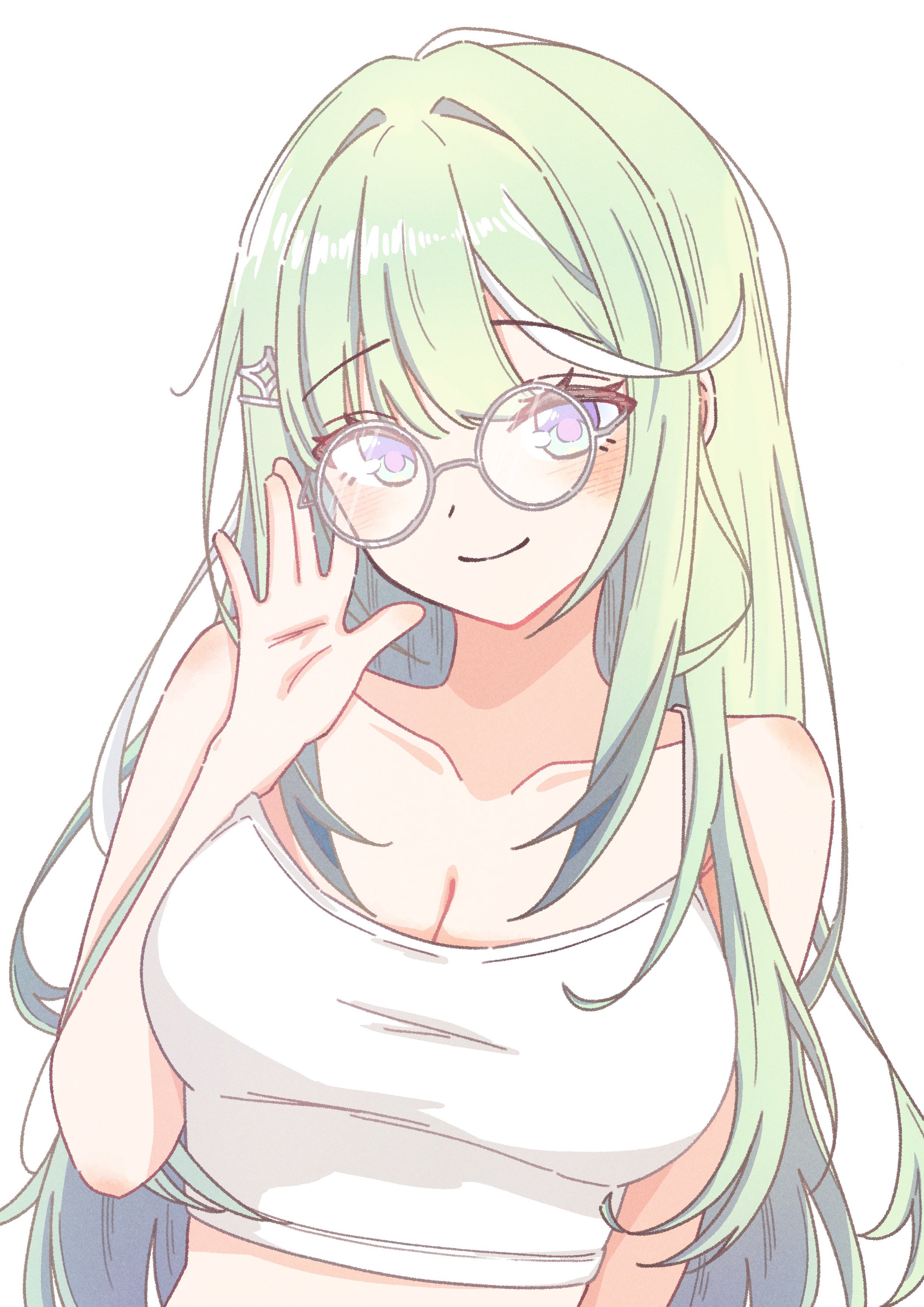 chaeeunhan124, yuzuha riko, stellive, absurdres, commentary request, highres, korean commentary, 1girl, adjusting eyewear, blush, breasts, camisole, cleavage, closed mouth, collarbone, crop top, diamond hair ornament, dot nose, green hair, hair intakes, hair ornament, hairclip, hand up, large breasts, long hair, looking at viewer, purple eyes, round eyewear, shoulder blush, simple background, solo, straight-on, upper body, virtual youtuber, white-framed eyewear, white background, white camisole