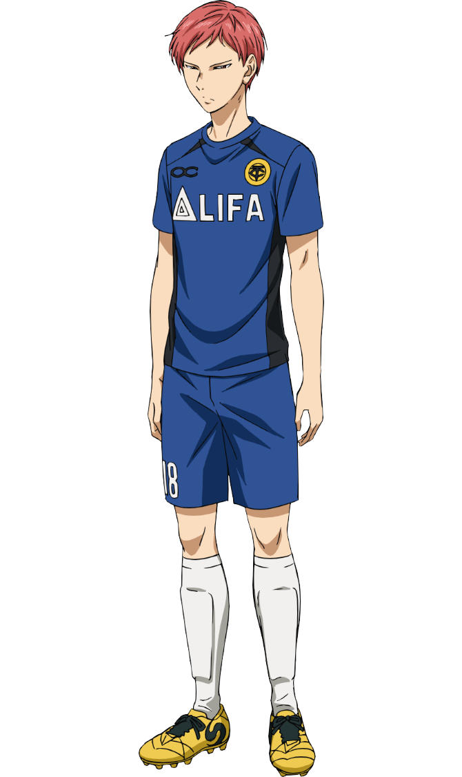 ao ashi, official art, 1boy, anime coloring, blue shirt, blue shorts, closed mouth, english text, full body, kiriki youichi, looking at viewer, nakatake manabu, numbered, pink eyes, pink hair, shin guards, shirt, shoes, short sleeves, shorts, simple background, soccer uniform, solo, spiked shoes, spikes, sportswear, standing, transparent background, tsurime, two-tone shirt, yellow shoes