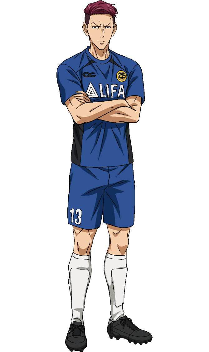 ao ashi, official art, 1boy, anime coloring, black shoes, blue shirt, blue shorts, closed mouth, crossed arms, english text, full body, looking at viewer, nakatake manabu, numbered, red hair, shin guards, shirt, shoes, short hair, short sleeves, shorts, simple background, soccer uniform, solo, spiked shoes, spikes, sportswear, standing, takasugi eita, transparent background, two-tone shirt, undercut, v-shaped eyebrows