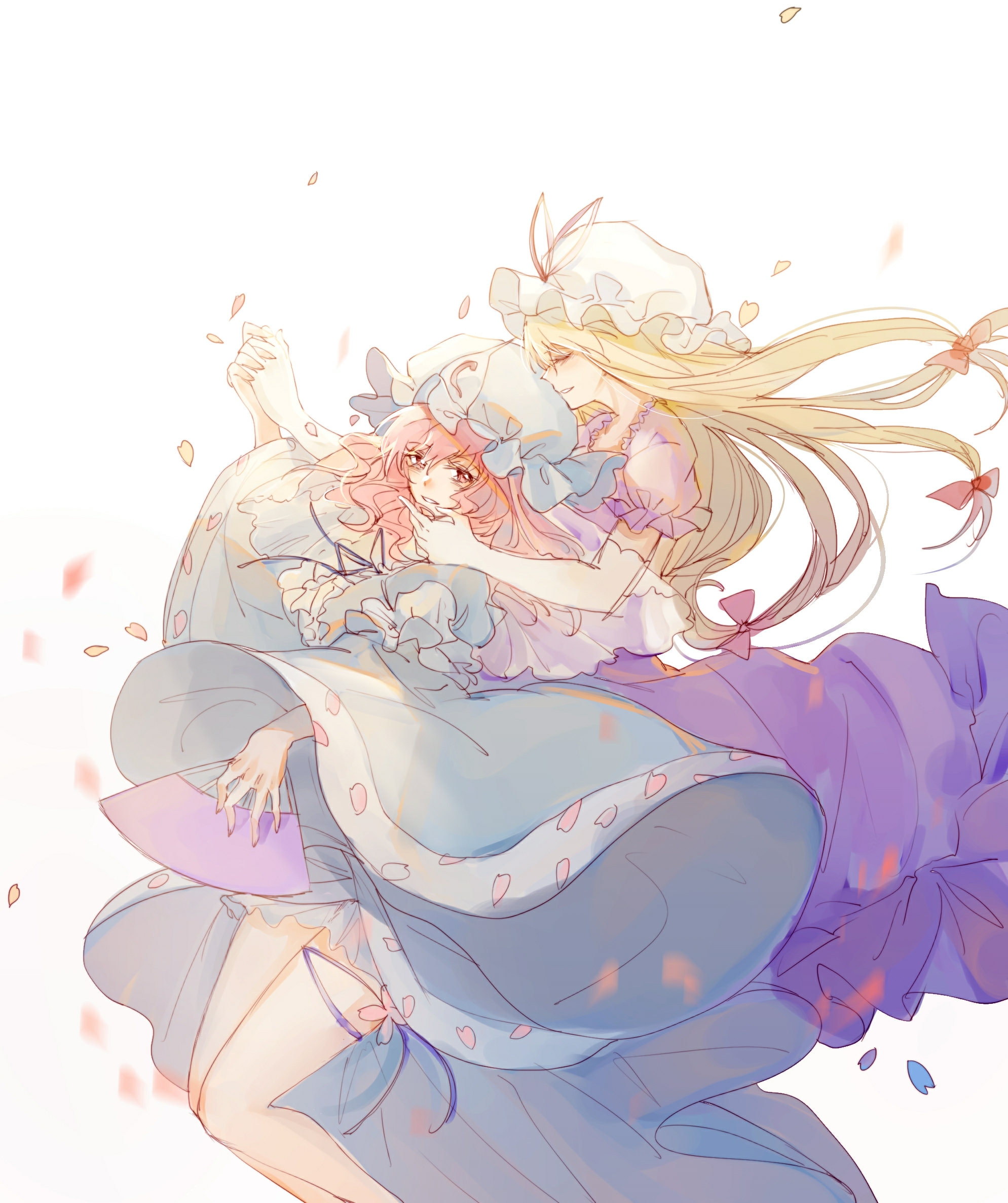 cui ying, saigyouji yuyuko, yakumo yukari, touhou, commentary, highres, 2girls, blonde hair, closed eyes, falling petals, folding fan, frills, grey hat, hair between eyes, hand fan, hand in another's hair, hat, holding, holding fan, holding hands, interlocked fingers, long hair, medium hair, mob cap, multiple girls, petals, pink hair, profile, smile, triangular headpiece, white background, white hat, yuri
