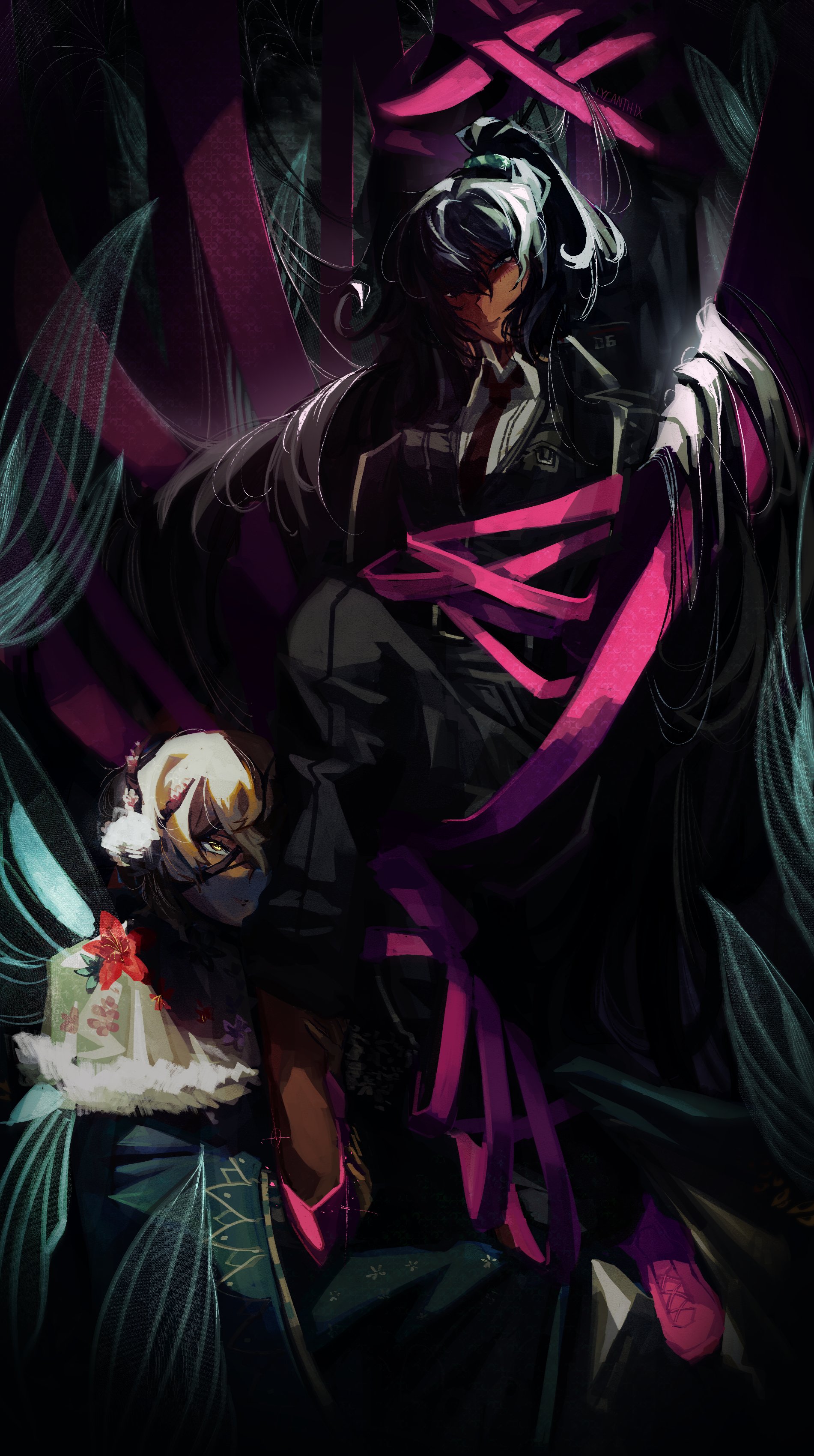 lycanthix, hong lu (project moon), sinclair (project moon), limbus company, project moon, absurdres, highres, 2boys, aqua wings, black background, black coat, black eyes, black hair, black pants, black vest, blonde hair, blue eyes, bound, capelet, coat, collared shirt, e.g.o (project moon), fairy wings, flower, full body, heterochromia, high ponytail, lantern (e.g.o), long hair, long sleeves, looking at viewer, male focus, multiple boys, necktie, pants, pink ribbon, pink shoes, plant roots, ponytail, red flower, red necktie, ribbon, roseate desire (e.g.o), shirt, shoes, short hair, simple background, tied up (nonsexual), upper body, vest, white capelet, white shirt, wings, yellow eyes