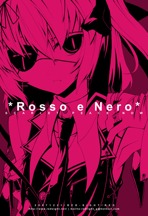 akakage red, red (artist), flandre scarlet, touhou, 1girl, eyepatch, female focus, monochrome, red theme, solo