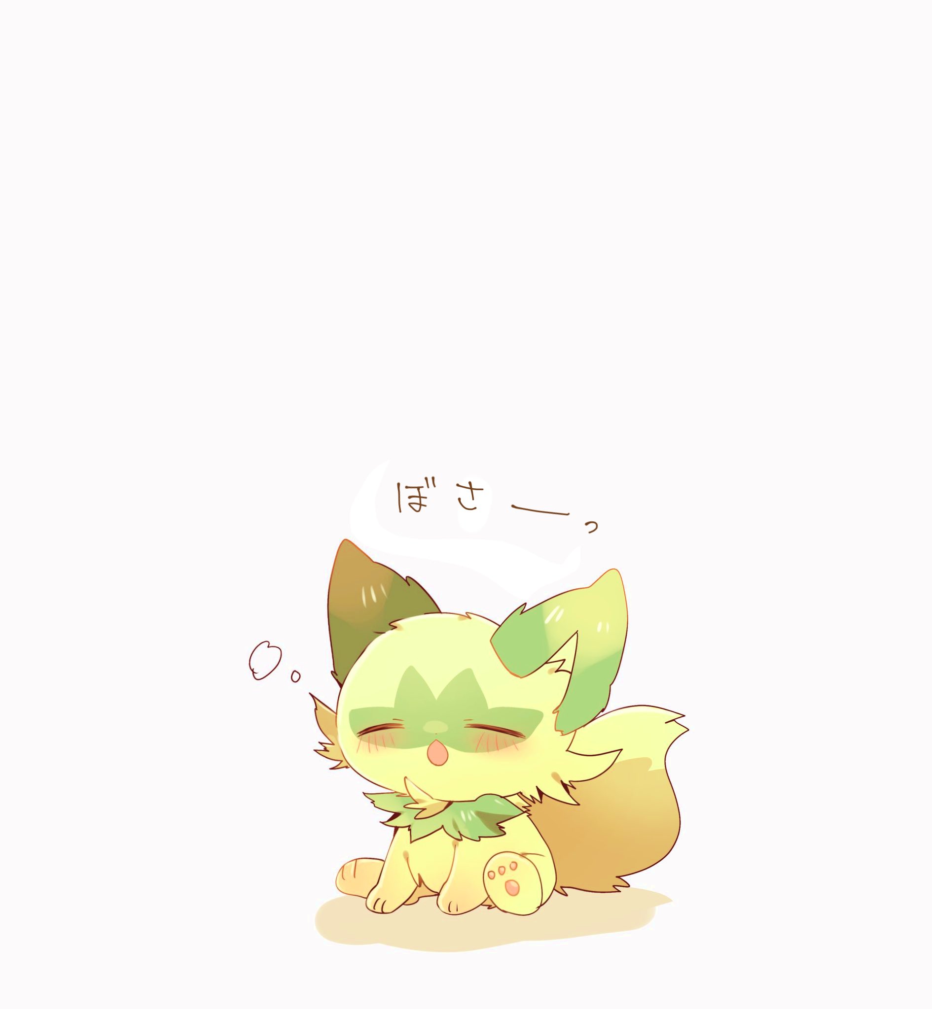 yupo 0322, sprigatito, nintendo, pokemon, highres, animal focus, blush, cat, closed eyes, green fur, no humans, open mouth, pokemon (creature), pokemon focus, simple background, tail, white background, yawning