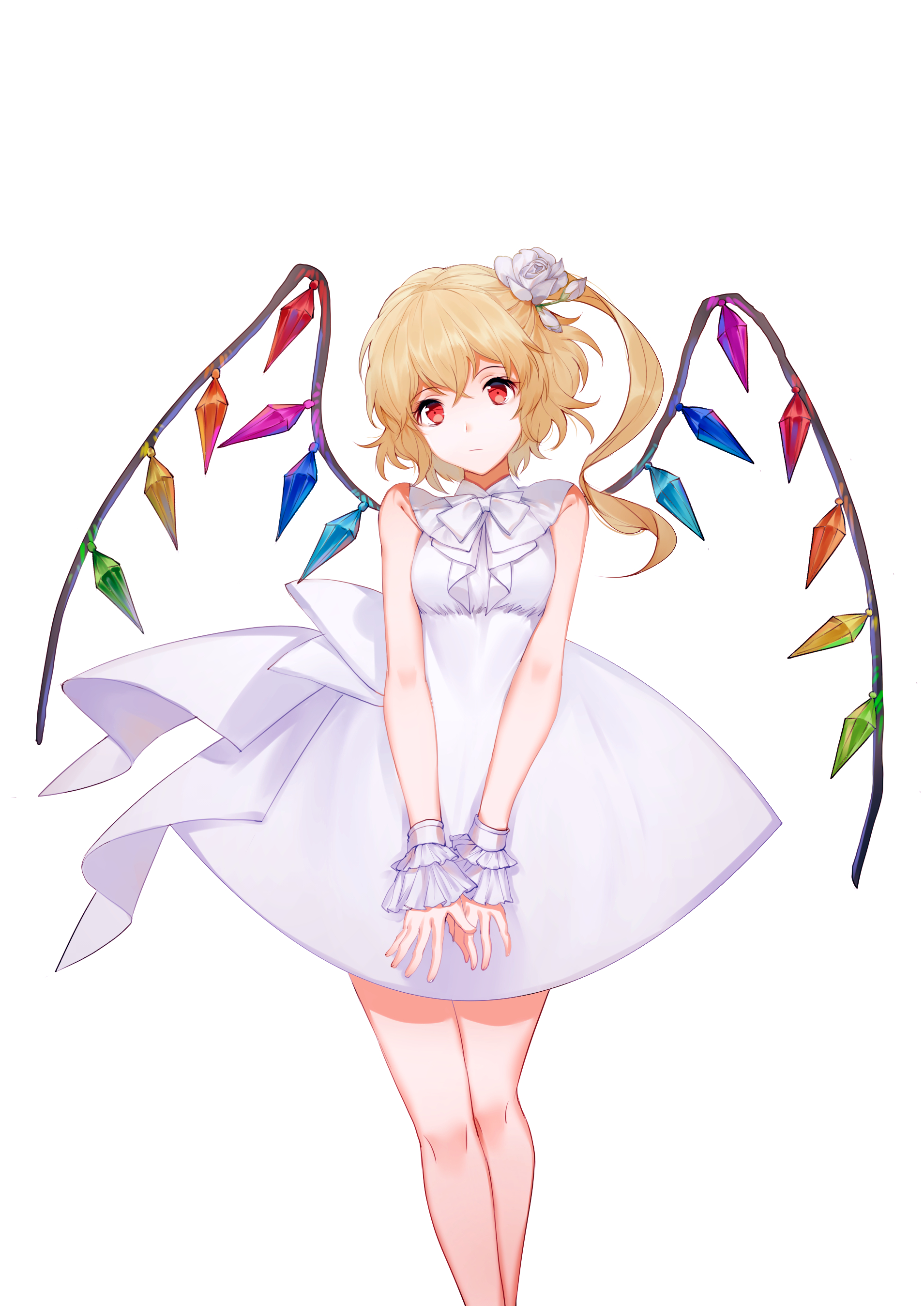 cui ying, flandre scarlet, touhou, absurdres, chinese commentary, commentary request, highres, 1girl, alternate costume, bare shoulders, blonde hair, closed mouth, crossed bangs, crystal wings, dress, expressionless, feet out of frame, flower, frills, hair between eyes, hair flower, hair ornament, looking at viewer, medium hair, red eyes, simple background, sleeveless, sleeveless dress, solo, standing, v arms, white background, white dress, white flower, wings, wrist cuffs