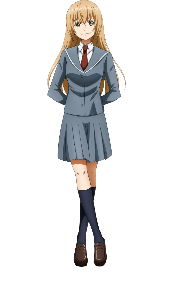 ichijou hana, ao ashi, official art, 1girl, anime coloring, arms behind back, black socks, blazer, blonde hair, breasts, brown eyes, brown shoes, collared shirt, crossed bangs, full body, grey jacket, grey skirt, hair between eyes, jacket, loafers, long hair, long sleeves, looking at viewer, medium breasts, nakatake manabu, necktie, pleated skirt, red necktie, school uniform, shirt, shoes, simple background, skirt, smile, socks, solo, standing, transparent background, white shirt