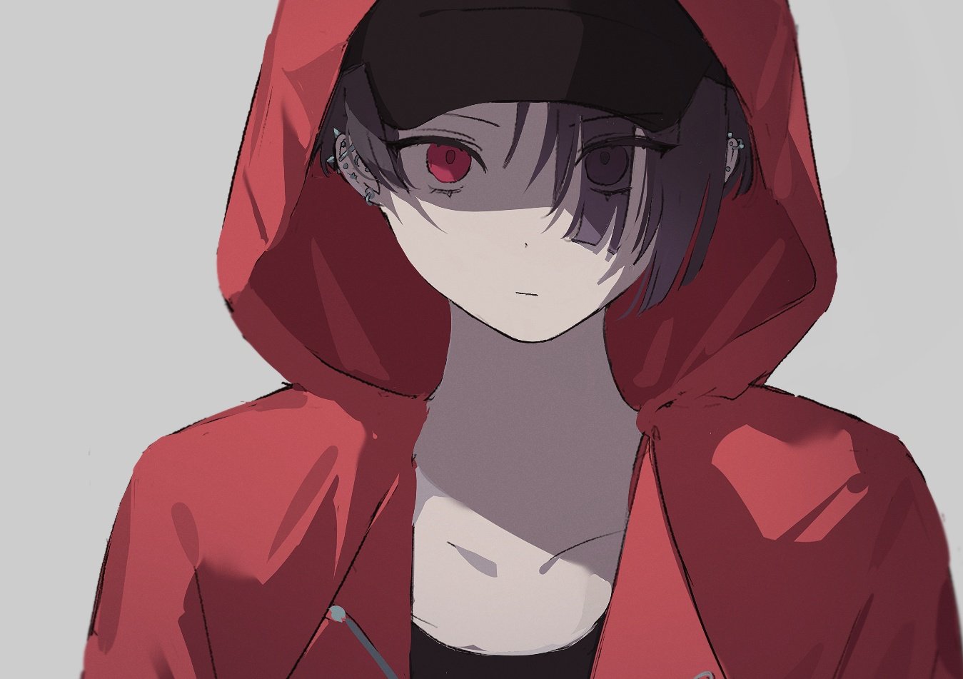 yuzuriha kotoko, milgram, asymmetrical bangs, asymmetrical hair, baseball cap, black hair, closed mouth, collared jacket, ear piercing, earrings, grey background, hair over one eye, hat, helix, hood, hood up, hooded jacket, jacket, jewelry, li0mil, multiple earrings, parted hair, piercing, red eyes, short bangs, short hair, simple background, spiked ear piercing, sports bra, very short hair