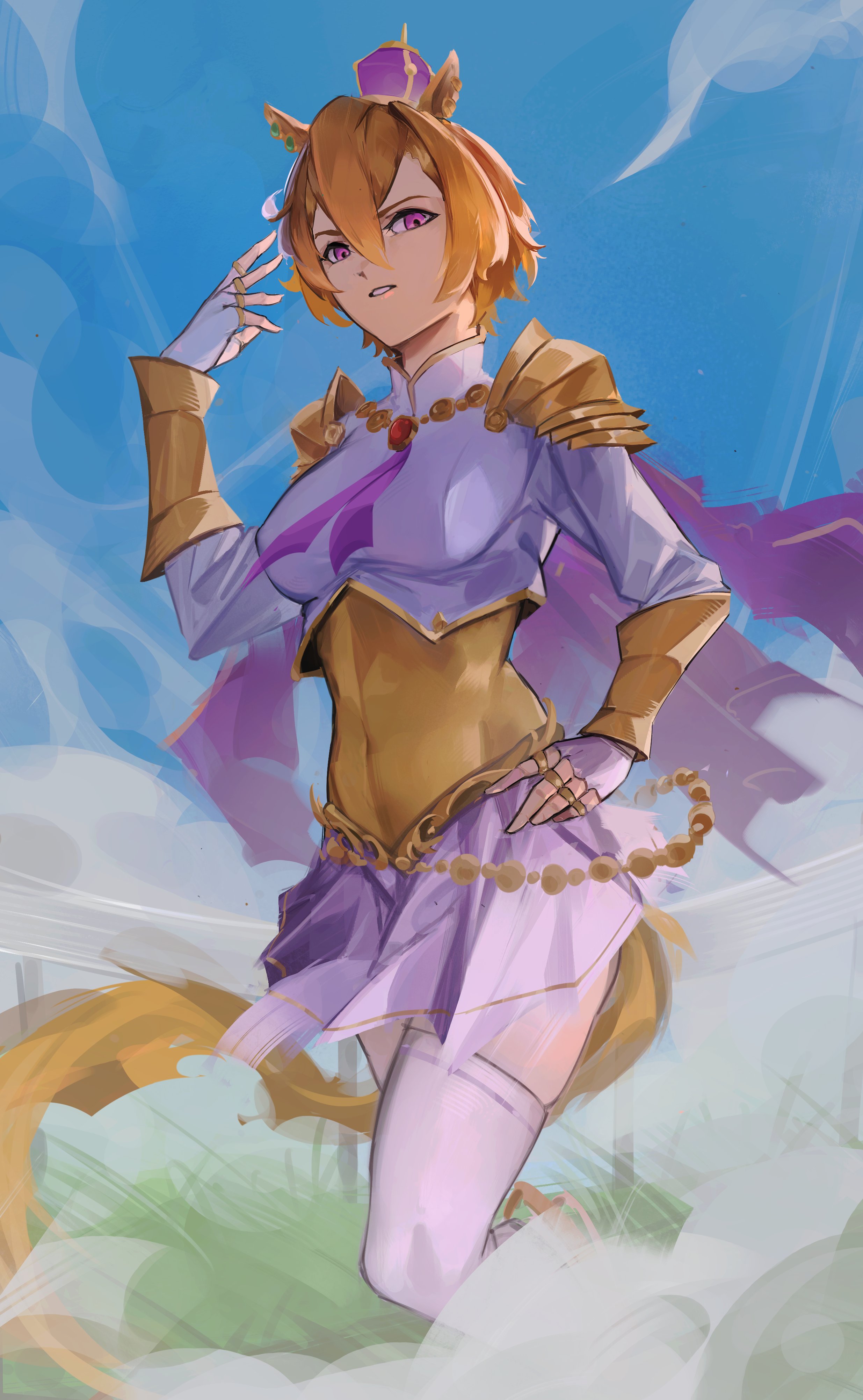 surge09, t.m. opera o (umamusume), umamusume, absurdres, highres, animal ears, armor, blue sky, breasts, brown hair, cape, covered navel, crown, ear ornament, ear piercing, fingerless gloves, gloves, hair between eyes, horse ears, horse girl, horse tail, jewelry, long sleeves, looking at viewer, medium breasts, mini crown, multiple rings, orange hair, orange tail, outdoors, parted lips, piercing, purple cape, purple eyes, ring, shirt, short hair, shoulder armor, skirt, sky, solo, tail, teeth, thighhighs, white gloves, white thighhighs