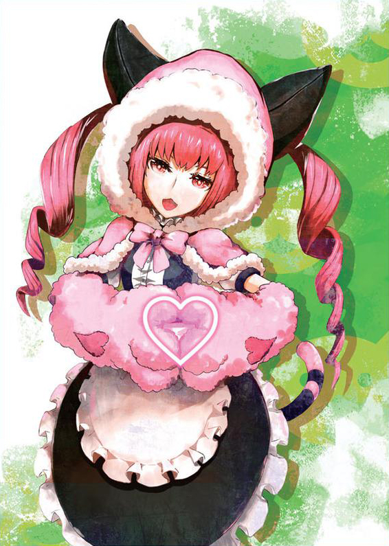 huke, akiha rumiho, science adventure, steins;gate, steins;gate 0, cropped, official art, 1girl, animal ear hairband, animal ears, animal hands, animal hood, apron, capelet, cat ears, drill hair, fake animal ears, fur-trimmed capelet, fur-trimmed hood, fur trim, gloves, hairband, heart, hood, long hair, looking at viewer, maid headdress, mayqueen maid uniform, open mouth, paw gloves, pink eyes, pink gloves, pink hair, smile, solo, tsurime, twin drills, twintails