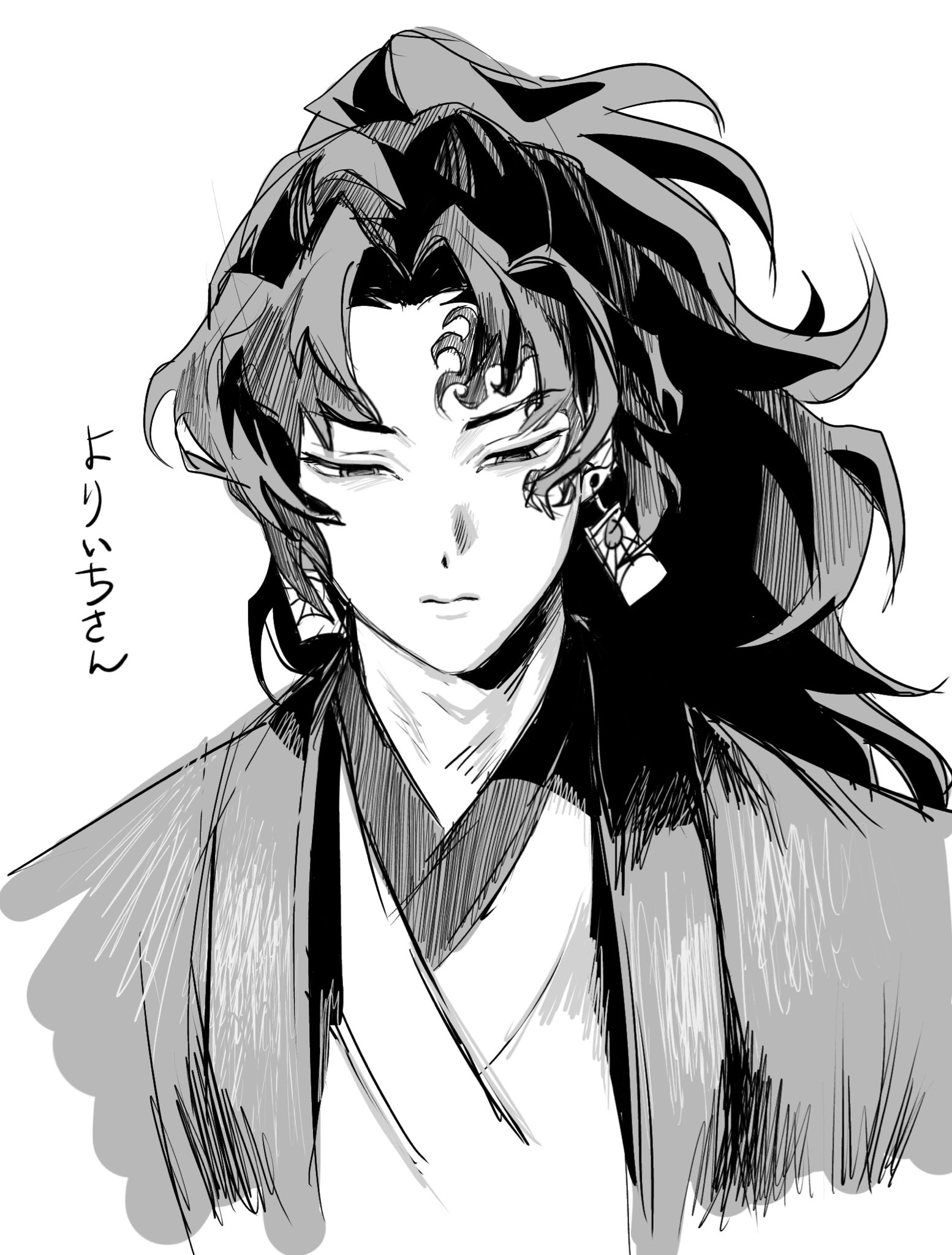 rfb 345orororo, tsugikuni yoriichi, kimetsu no yaiba, highres, translation request, 1boy, closed mouth, cropped torso, earrings, facial tattoo, greyscale, half-closed eyes, haori, high ponytail, japanese clothes, jewelry, kimono, long hair, male focus, monochrome, ponytail, simple background, solo, tattoo, upper body, white background