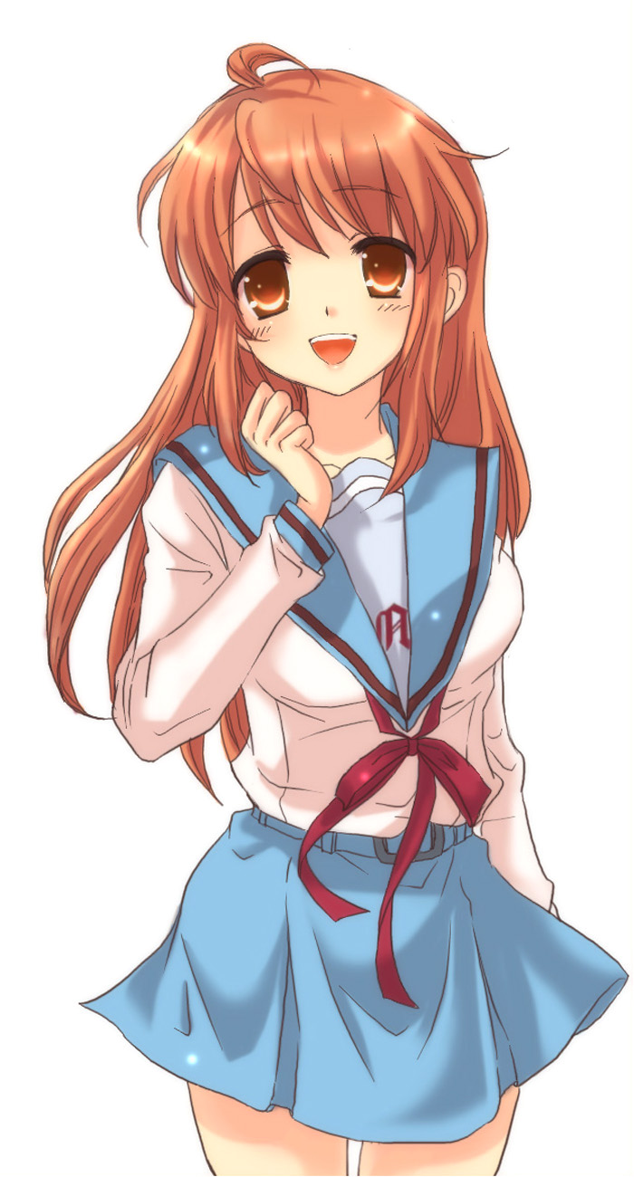 ebimayo, asahina mikuru, suzumiya haruhi no yuuutsu, bad id, bad pixiv id, highres, 00s, 1girl, breasts, female focus, long hair, long sleeves, orange hair, school uniform, serafuku, skirt, smile, solo, white background