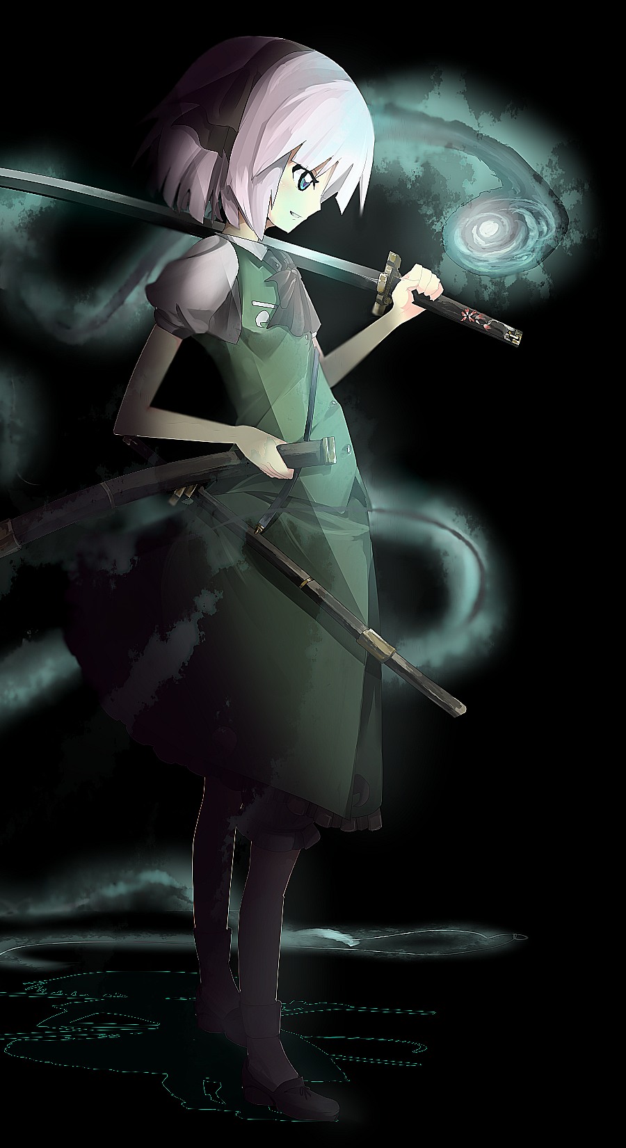 yoshioka yoshiko, konpaku youmu, konpaku youmu (ghost), touhou, highres, 1girl, female focus, hitodama, katana, solo, sword, weapon