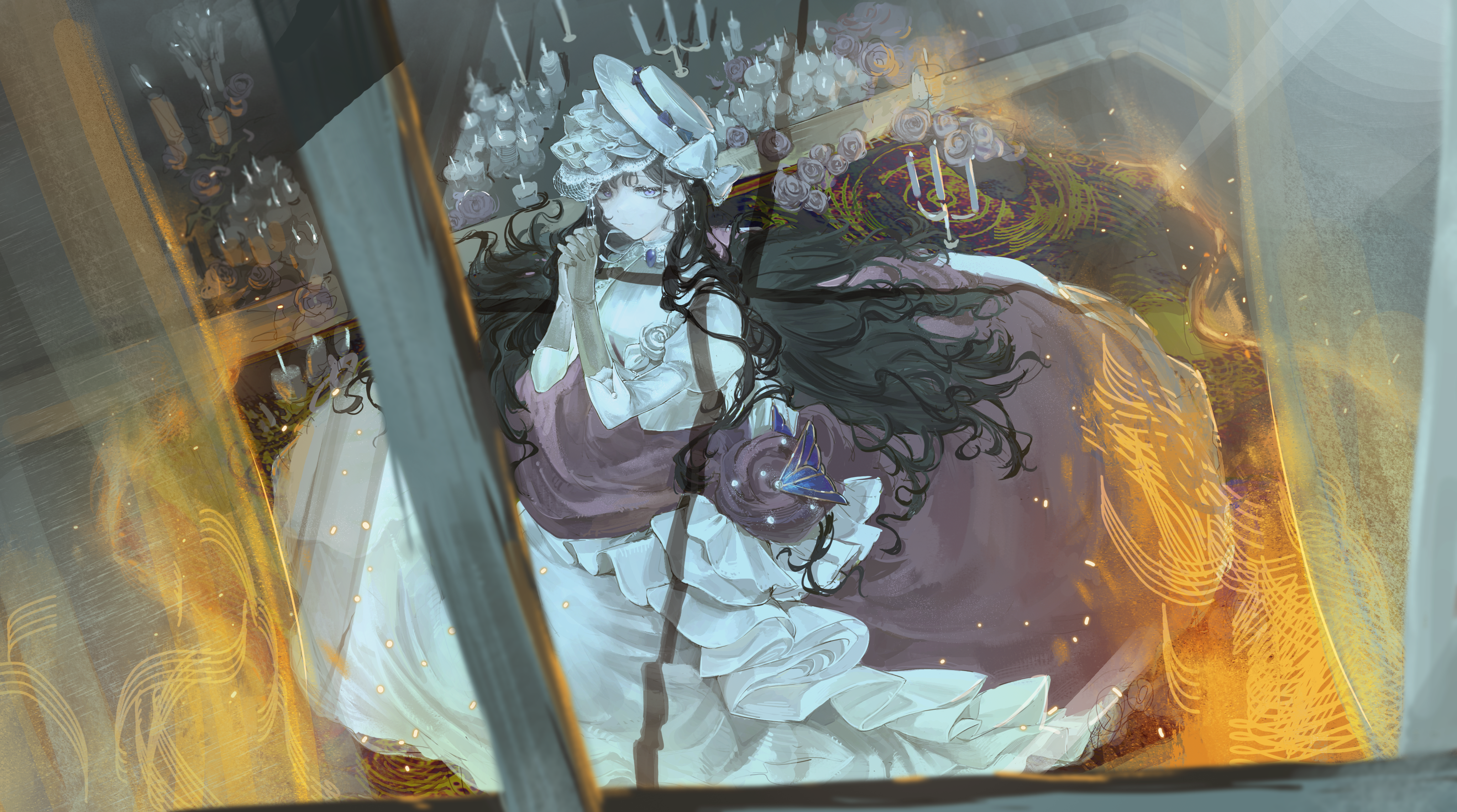isolde (reverse:1999), reverse:1999, absurdres, highres, 1girl, black hair, candle, candlestand, chacha (chachachaqqq), closed mouth, dress, fire, from outside, full body, gloves, hands up, hat, interlocked fingers, juliet sleeves, long dress, long hair, long sleeves, looking at viewer, own hands together, puffy sleeves, purple eyes, smile, solo, veil, very long hair, white dress, white hat, white veil, window, yellow gloves
