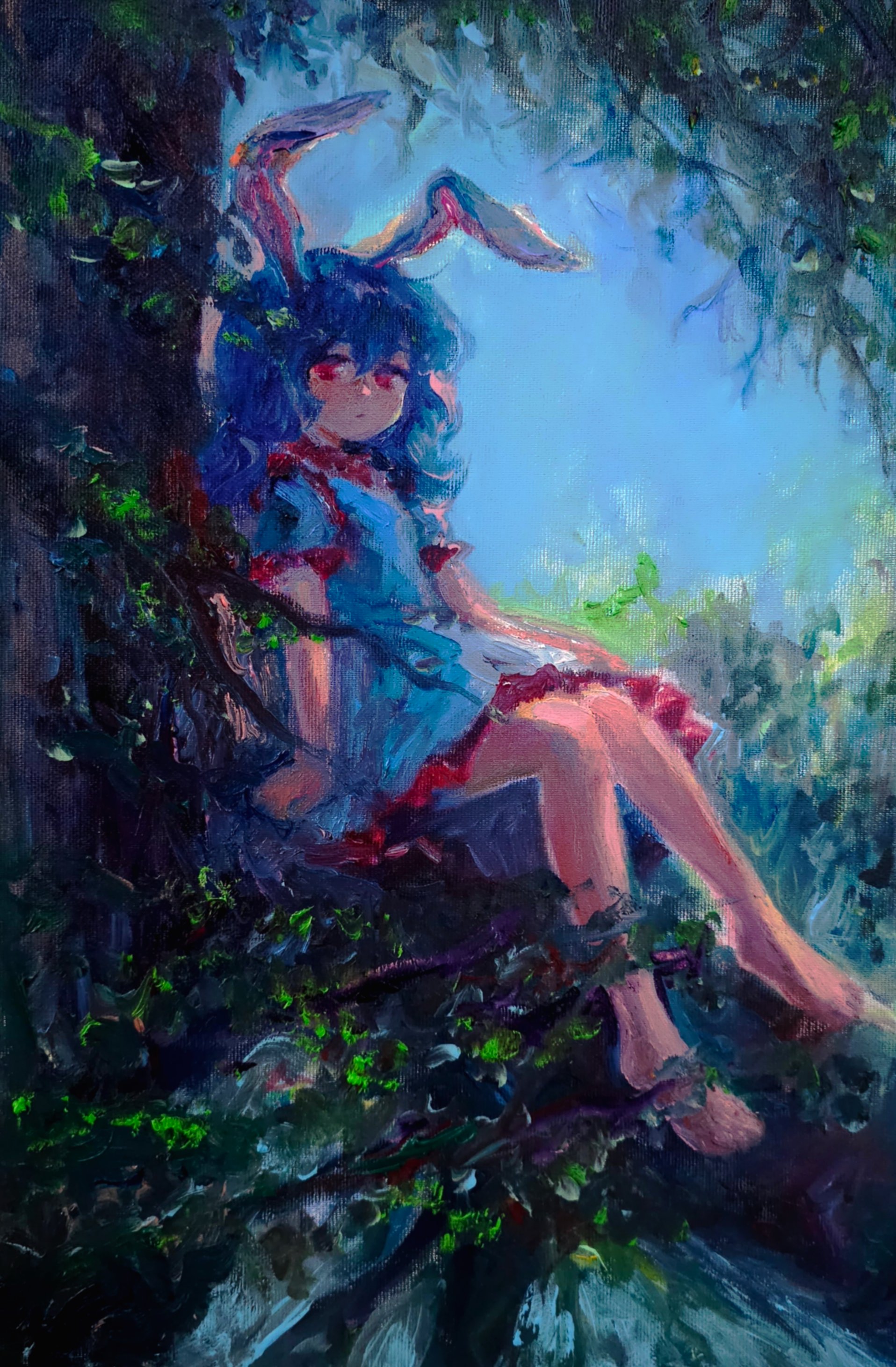 svveetberry, seiran (touhou), touhou, absurdres, commentary, english commentary, highres, oil painting (medium), painting (medium), traditional media, 1girl, animal ears, barefoot, blue dress, blue hair, blue sky, closed mouth, dress, expressionless, full body, leaning on object, long hair, looking at viewer, outdoors, puffy short sleeves, puffy sleeves, rabbit ears, rabbit girl, red eyes, short sleeves, sky, solo, tree
