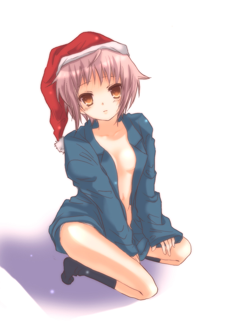 ebimayo, nagato yuki, suzumiya haruhi no yuuutsu, bad id, bad pixiv id, 00s, christmas, hat, santa hat, shirt, socks, solo