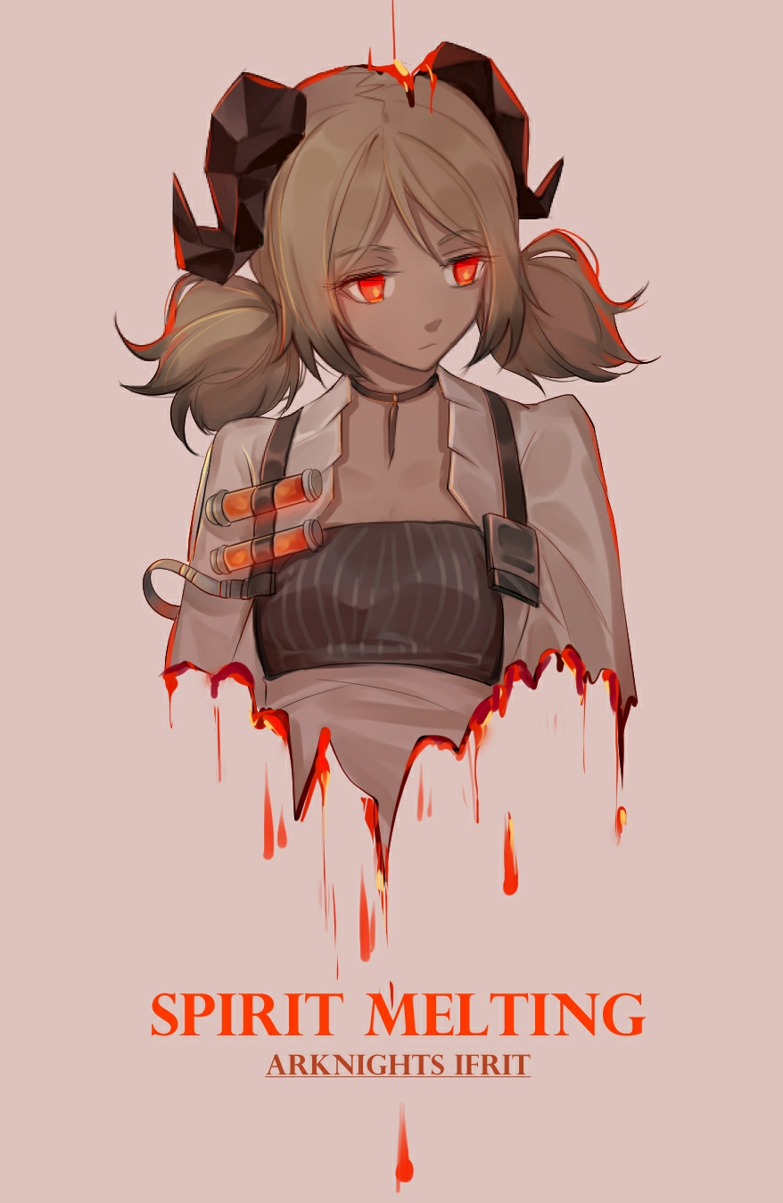 cui ying, ifrit (arknights), arknights, chinese commentary, commentary request, highres, 1girl, black choker, black horns, blonde hair, breasts, character name, choker, cleavage, closed mouth, copyright name, cropped torso, curled horns, dark-skinned female, dark skin, english text, expressionless, grey shirt, horns, looking to the side, melting, orange eyes, pink background, shirt, short hair, simple background, small breasts, solo, twintails