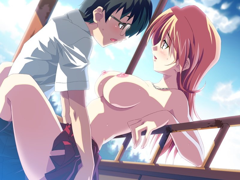 izumi mahiru, ichinose kyou, kurusu itsuki, imitation lover, game cg, 1boy, 1girl, against railing, arched back, black hair, blush, breasts, brown hair, clothed sex, cloud, couple, day, dutch angle, eye contact, fence, from side, glasses, hetero, jewelry, large breasts, leg lock, long hair, looking at another, miniskirt, necklace, nipples, open mouth, orange hair, outdoors, pleated skirt, railing, sex, short hair, skirt, sky, sweat, thighs, topless female
