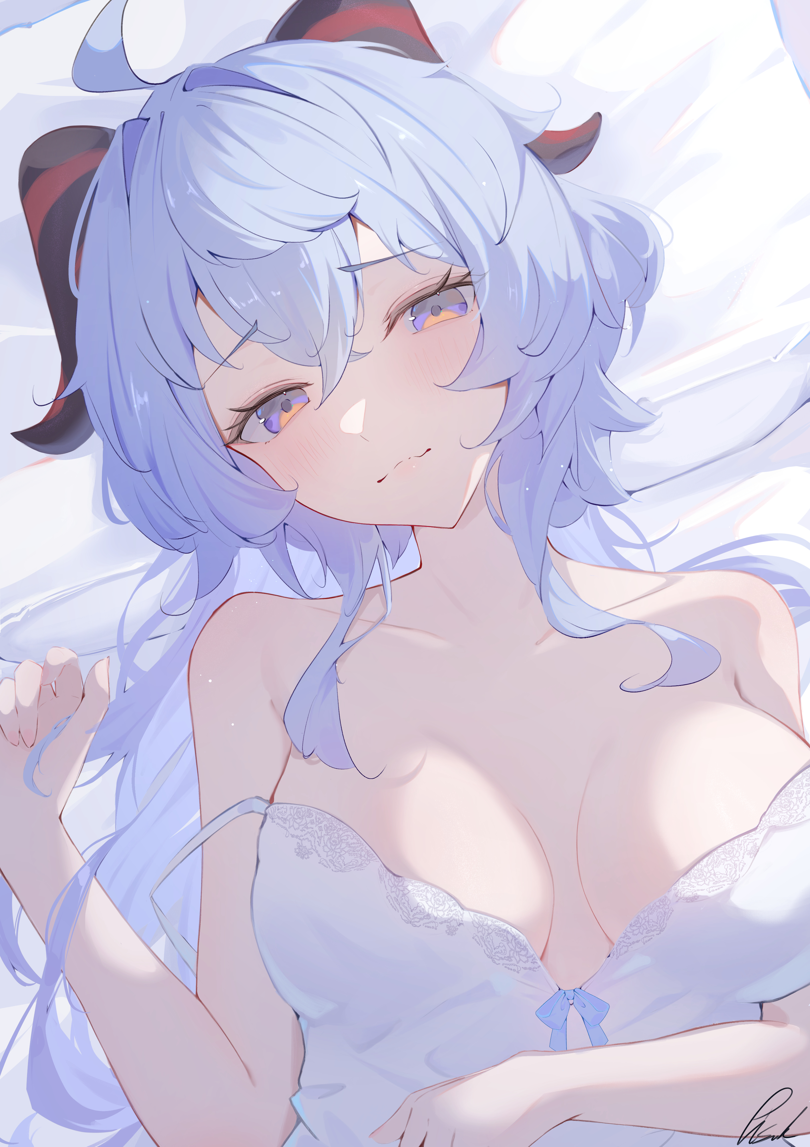 pisuke (user kcmh2774), ganyu (genshin impact), genshin impact, absurdres, commentary request, highres, 1girl, ahoge, alternate costume, arm under breasts, bare shoulders, blue hair, breasts, breasts apart, closed mouth, from above, goat horns, hair between eyes, hair spread out, head on pillow, holding, holding own hair, horns, large breasts, long hair, looking at viewer, lying, on back, pillow, purple eyes, signature, solo, strap slip, upper body, very long hair, white chemise