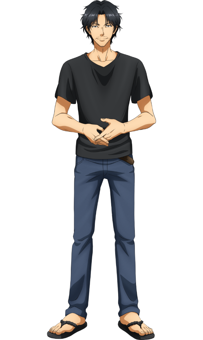 fukuda tatsuya, ao ashi, official art, 1boy, anime coloring, beard, beard stubble, belt, black hair, black shirt, blue pants, brown belt, collarbone, curtained hair, denim panties, facial hair, full body, grey sandals, holding own hand, looking at viewer, messy hair, mustache, mustache stubble, nakatake manabu, pants, parted bangs, sandals, shirt, short hair, simple background, smile, solo, standing, stubble, t-shirt, transparent background