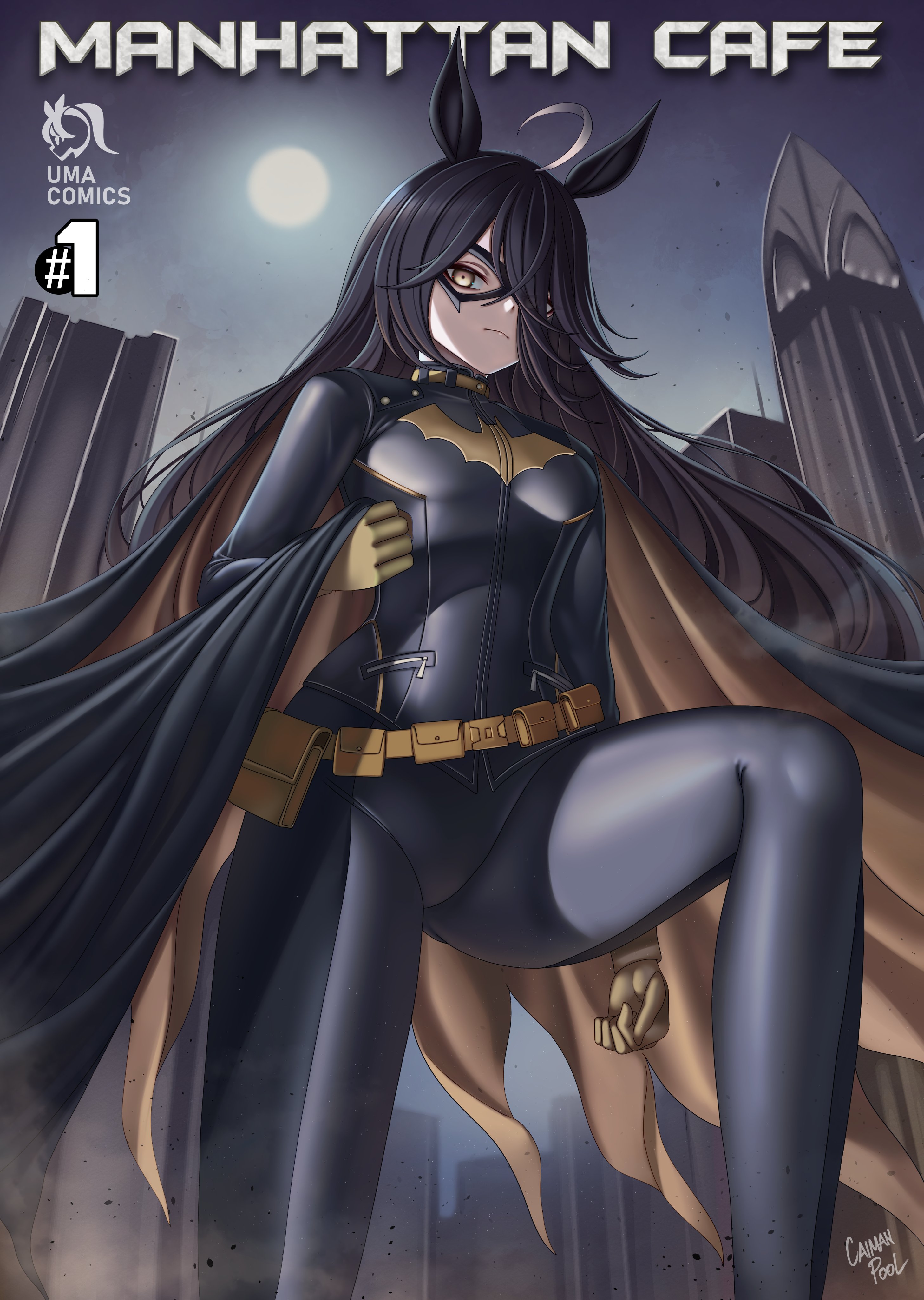 caiman pool, batman, manhattan cafe (umamusume), umamusume, absurdres, highres, 1girl, ahoge, animal ears, batman (cosplay), black bodysuit, black cape, black hair, bodysuit, cape, cosplay, full moon, gloves, hair between eyes, horse ears, horse girl, long hair, mask, moon, night, night sky, sky, superhero costume, yellow eyes, yellow gloves