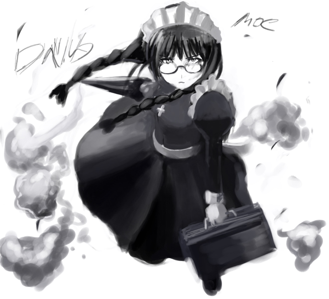 kitahara tomoe (kitahara koubou), roberta (black lagoon), black lagoon, 00s, 1girl, braid, female focus, glasses, goth fashion, greyscale, maid, monochrome, solo, umbrella