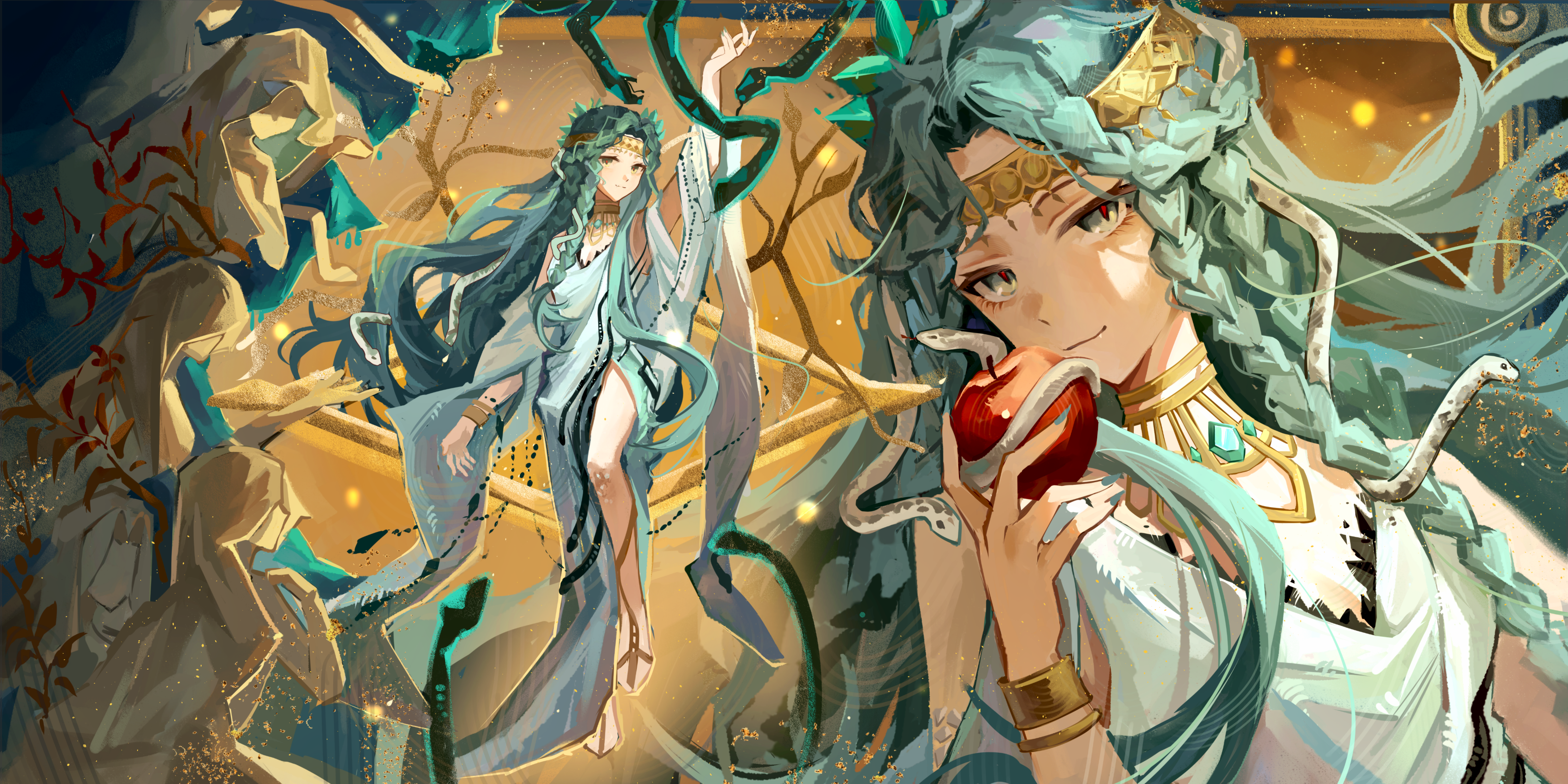 san sui dingshang ya, reverse:1999, absurdres, highres, 4girls, apple, aqua hair, arm up, bare shoulders, bracelet, braid, clothing cutout, dress, food, fruit, full body, gem, gem hair ornament, gold headband, green eyes, green gemstone, hissabeth, holding, holding food, holding fruit, jewelry, long dress, long hair, looking at viewer, multiple braids, multiple girls, multiple views, official alternate costume, red pupils, shoulder cutout, side slit, slit pupils, smile, upper body, very long hair, white dress, yellow background