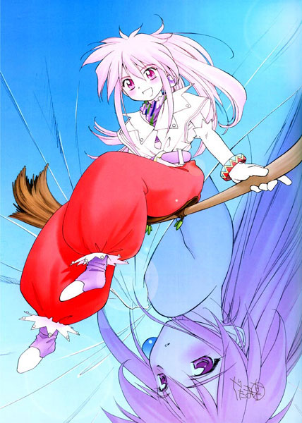 ditama bow, arche klein, tales of (series), tales of phantasia, 2girls, broom, broom riding, multiple girls, pants, pink hair, red pants, sidesaddle, upside-down, witch