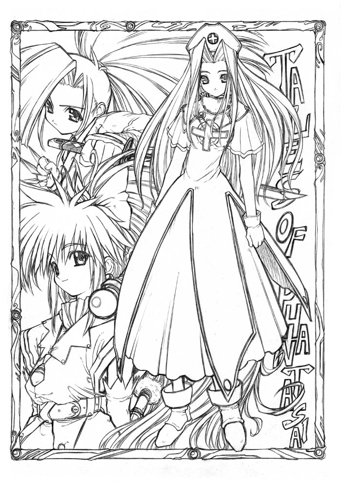 aruni, arche klein, fujibayashi suzu, mint adenade, tales of (series), tales of phantasia, 3girls, copyright name, english text, greyscale, hair intakes, monochrome, multiple girls, ponytail