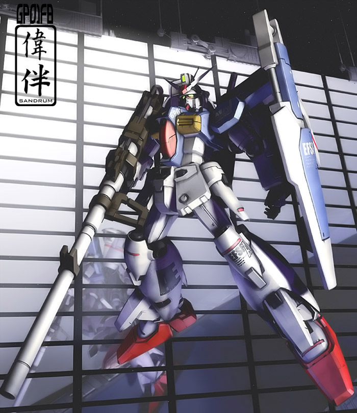 sandrum, gundam gp-01 full vernian zephyranthes, gundam, gundam 0083, 1990s (style), 3d, armor, helmet, machinery, mecha, no humans, retro artstyle, robot, weapon