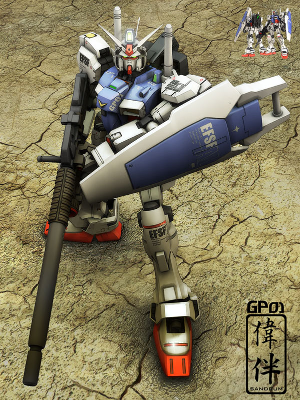 sandrum, gundam gp-01 zephyranthes, gundam, gundam 0083, 1990s (style), 3d, armor, helmet, machinery, mecha, no humans, retro artstyle, robot, weapon