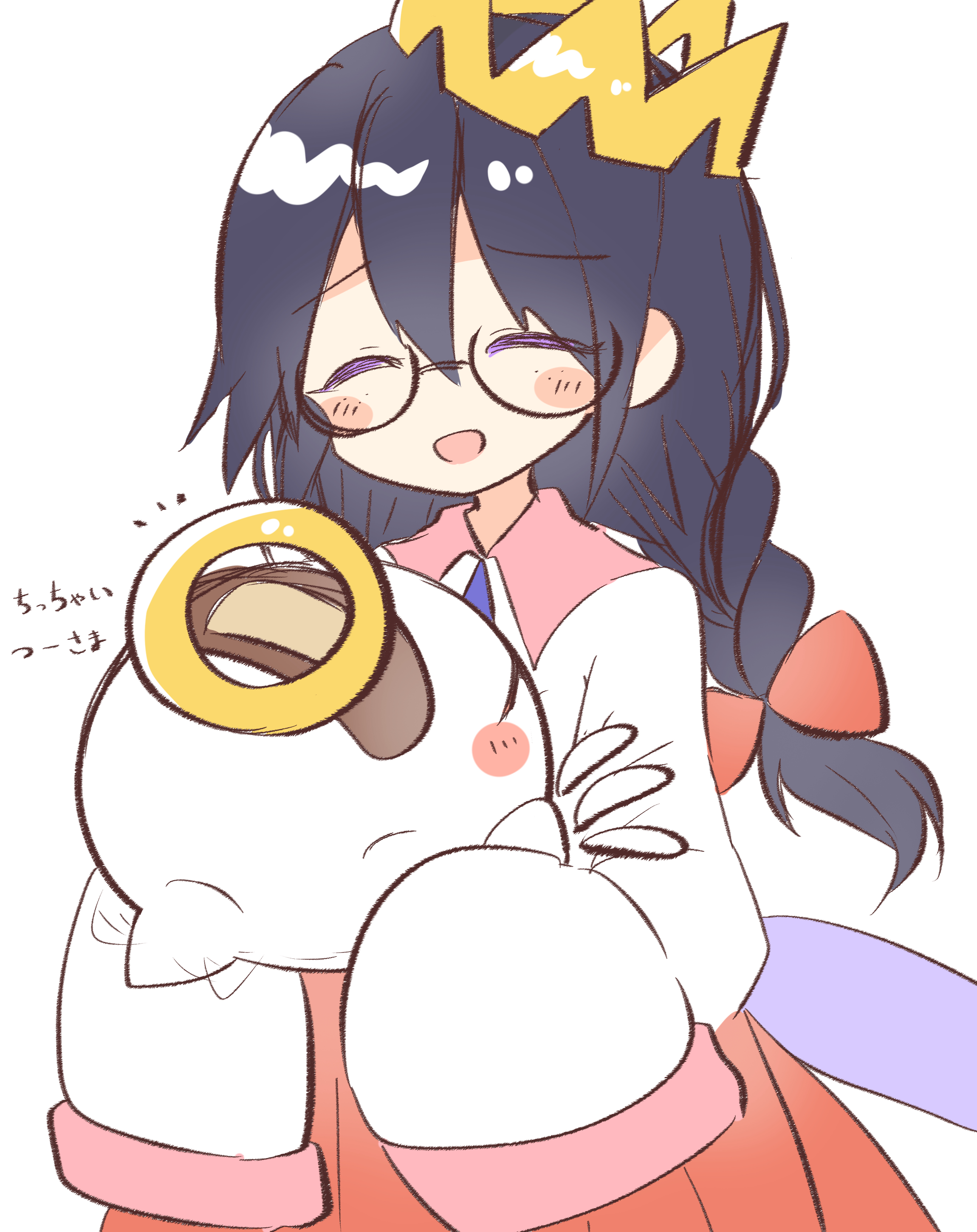 yoake (yoake 04), ripple star queen, zero two (kirby), kirby (series), kirby 64, nintendo, absurdres, highres, 1girl, bandaid, black hair, bow, closed eyes, crown, glasses, hair bow, halo, long hair, red bow, simple background, sleeves past fingers, sleeves past wrists, white background