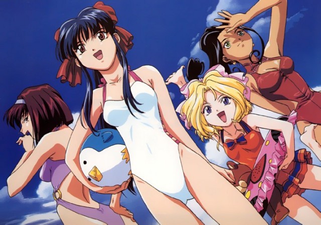 iris chateaubriand, jean paul, kanzaki sumire, shinguuji sakura, soletta orihime, sakura taisen, sakura taisen ii, sega, 00s, 4girls, ball, beachball, black hair, blonde hair, blue eyes, blue hair, bow, breasts, brown eyes, brown hair, cleavage, cloud, dark-skinned female, dark skin, earrings, green eyes, hair bow, hairband, happy, highleg, highleg one-piece swimsuit, innertube, jewelry, long hair, medium breasts, mole, mole under eye, multiple girls, one-piece swimsuit, open mouth, outdoors, pink bow, ponytail, red bow, short hair, sidelocks, sky, small breasts, swim ring, swimsuit