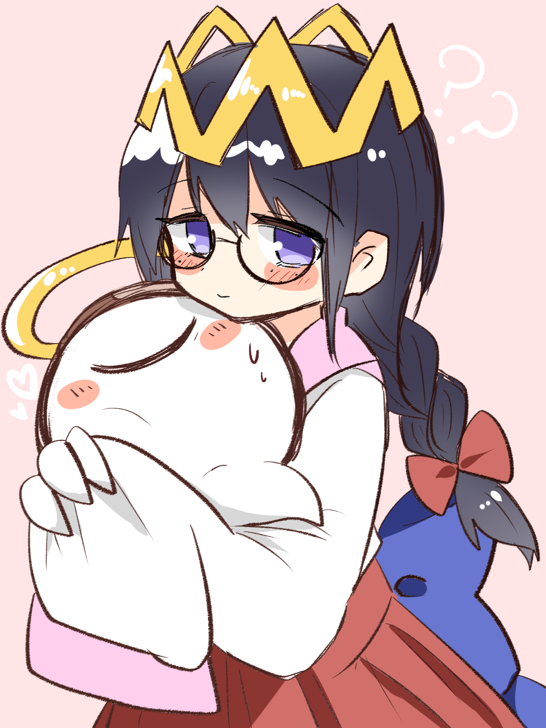 yoake (yoake 04), ripple star queen, zero two (kirby), kirby (series), kirby 64, nintendo, absurdres, highres, 1girl, ?, ??, black hair, blush, braid, closed eyes, crown, cup, halo, holding, holding cup, long hair, low twin braids, one-eyed, pink background, purple eyes, simple background, sleeves past fingers, sleeves past wrists, twin braids