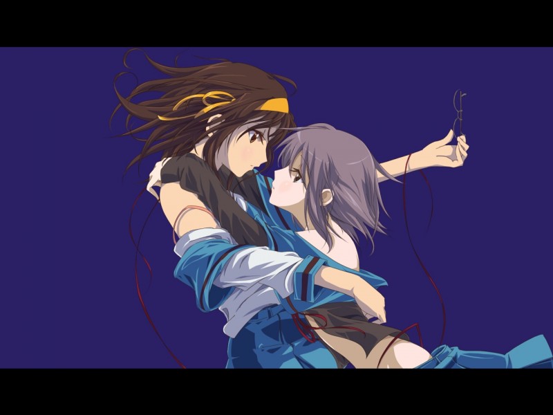 nagato yuki, suzumiya haruhi, kannazuki no miko, suzumiya haruhi no yuuutsu, silver hair, 2girls, cardigan, glasses, happy, hug, miko embrace, multiple girls, parody, school uniform, serafuku, short hair, undressing, yuri