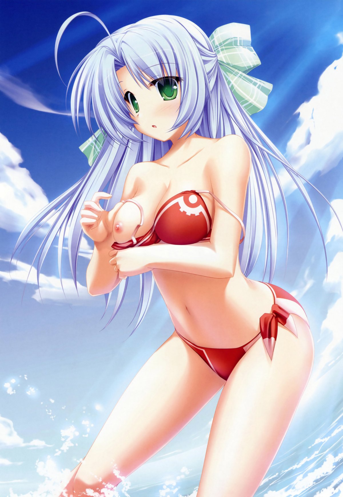 tenmaso, alicia infans, magus tale, breast hold, highres, 1girl, bikini, blue hair, blush, breasts, day, female focus, green eyes, hair ribbon, long hair, medium breasts, nipples, ocean, red bikini, ribbon, side-tie bikini bottom, solo, swimsuit, white hair