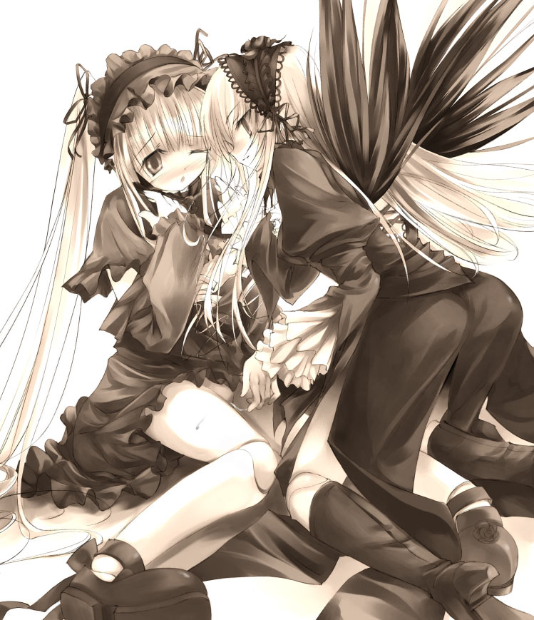 shinku, suigintou, rozen maiden, 00s, 2girls, blush, boots, doll joints, fingering, frills, hairband, incest, joints, lolita fashion, lolita hairband, long hair, looking at another, monochrome, multiple girls, one eye closed, open mouth, parted lips, pussy juice, sweat, twintails, wings, yuri