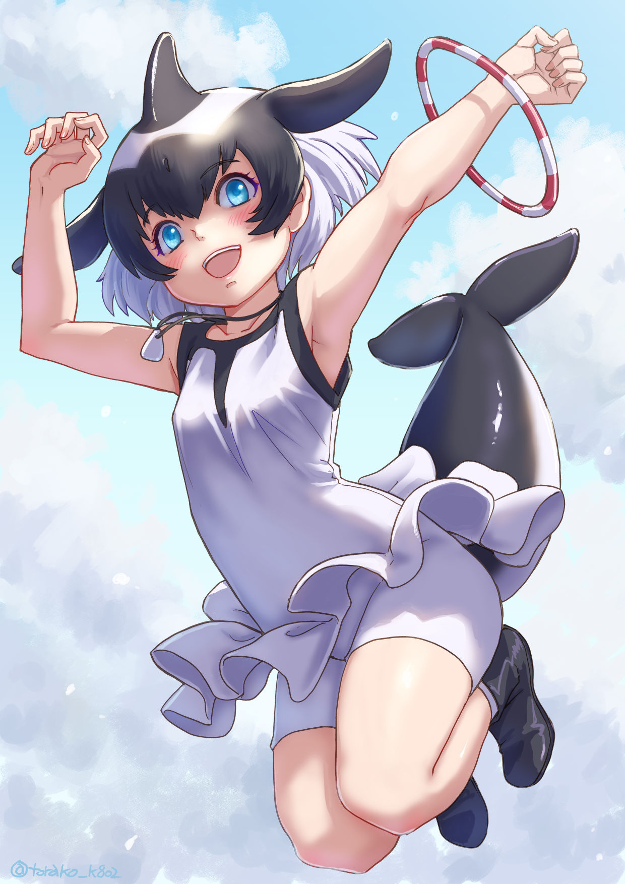 kosai takayuki, commerson's dolphin (kemono friends), kemono friends, highres, 1girl, bare shoulders, black boots, black hair, black one-piece swimsuit, blowhole, blush, boots, bracelet, cetacean tail, dolphin girl, dorsal fin, fins, fish tail, frilled one-piece swimsuit, frills, hair between eyes, head fins, jewelry, jumping, looking at viewer, midair, multicolored hair, necklace, one-piece swimsuit, open mouth, shell, shell necklace, short hair, sidelocks, sleeveless, smile, socks, solo, swimsuit, tail, two-tone hair, two-tone one-piece swimsuit, white hair, white one-piece swimsuit, white socks