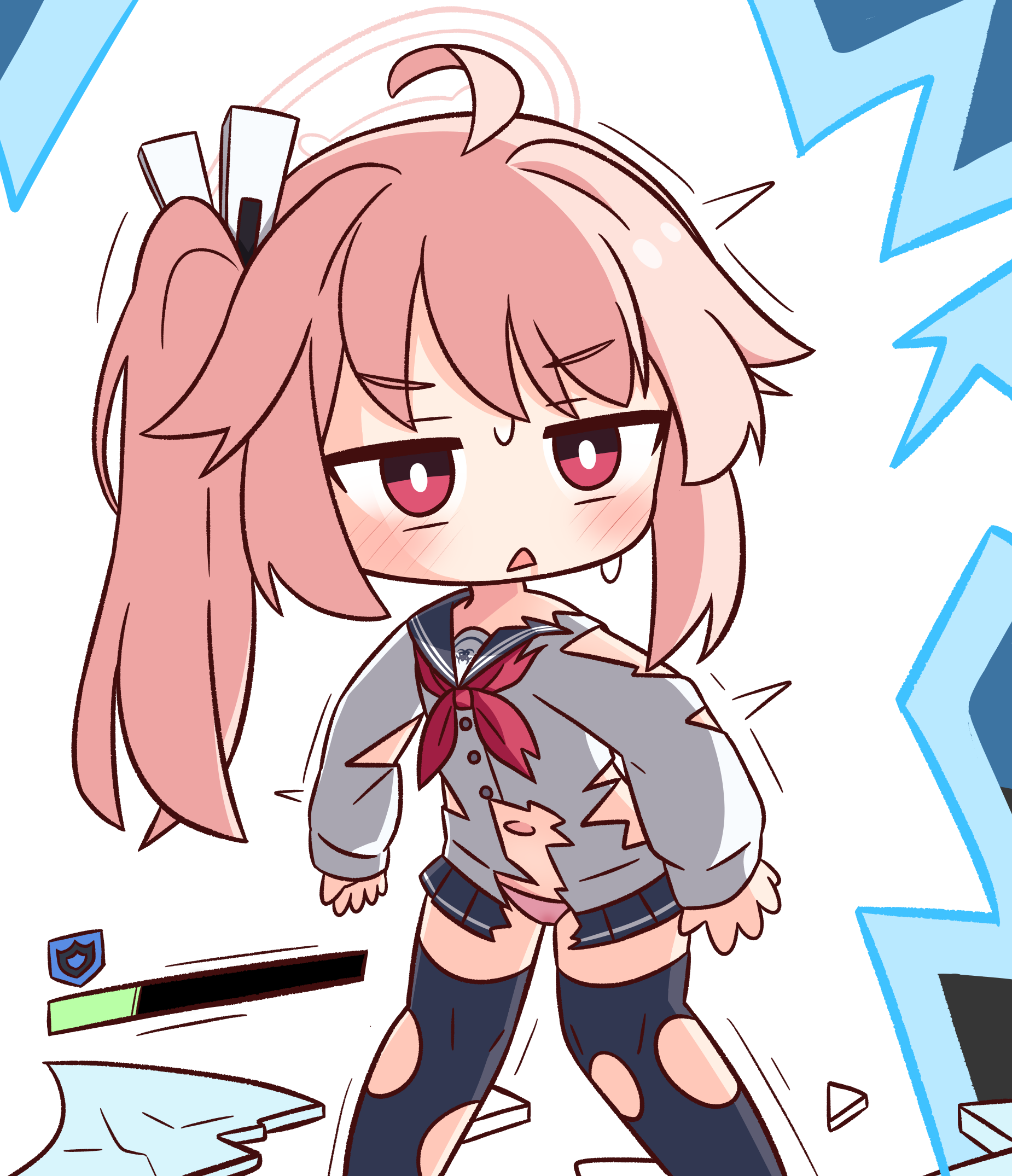hana kazari, natsu (blue archive), blue archive, highres, 1girl, :<, ahoge, black sailor collar, black skirt, black thighhighs, blush, cardigan, chibi, feet out of frame, gameplay mechanics, halo, long hair, long sleeves, navel, panties, parted lips, pink hair, pink panties, pleated skirt, puffy long sleeves, puffy sleeves, red eyes, sailor collar, side ponytail, skirt, sleeves past wrists, solo, standing, sweat, thighhighs, torn clothes, torn skirt, torn thighhighs, triangle mouth, underwear, v-shaped eyebrows, white background, white cardigan
