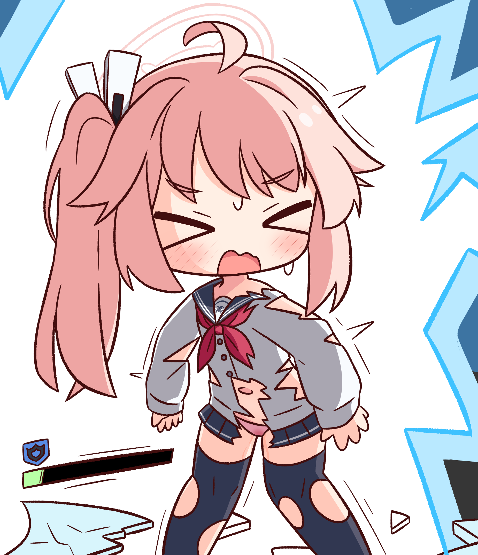 hana kazari, natsu (blue archive), blue archive, highres, > <, 1girl, ahoge, black sailor collar, black skirt, black thighhighs, blush, cardigan, chibi, feet out of frame, gameplay mechanics, halo, long hair, long sleeves, navel, open mouth, panties, pee, peeing, peeing self, pink hair, pink panties, pleated skirt, puffy long sleeves, puffy sleeves, sailor collar, side ponytail, skirt, sleeves past wrists, solo, standing, sweat, thighhighs, torn clothes, torn skirt, torn thighhighs, underwear, v-shaped eyebrows, wavy mouth, white background, white cardigan