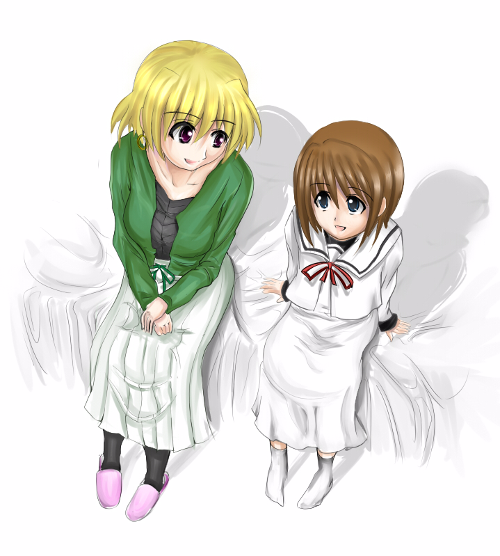 wagashi (okashina), shamal, yagami hayate, lyrical nanoha, mahou shoujo lyrical nanoha, mahou shoujo lyrical nanoha a's, 00s, 2girls, blonde hair, brown hair, dress, food, height difference, long sleeves, multiple girls, pantyhose, purple eyes, red ribbon, ribbon, school uniform, serafuku, short hair, simple background, skirt, wagashi, white background, white dress, white skirt